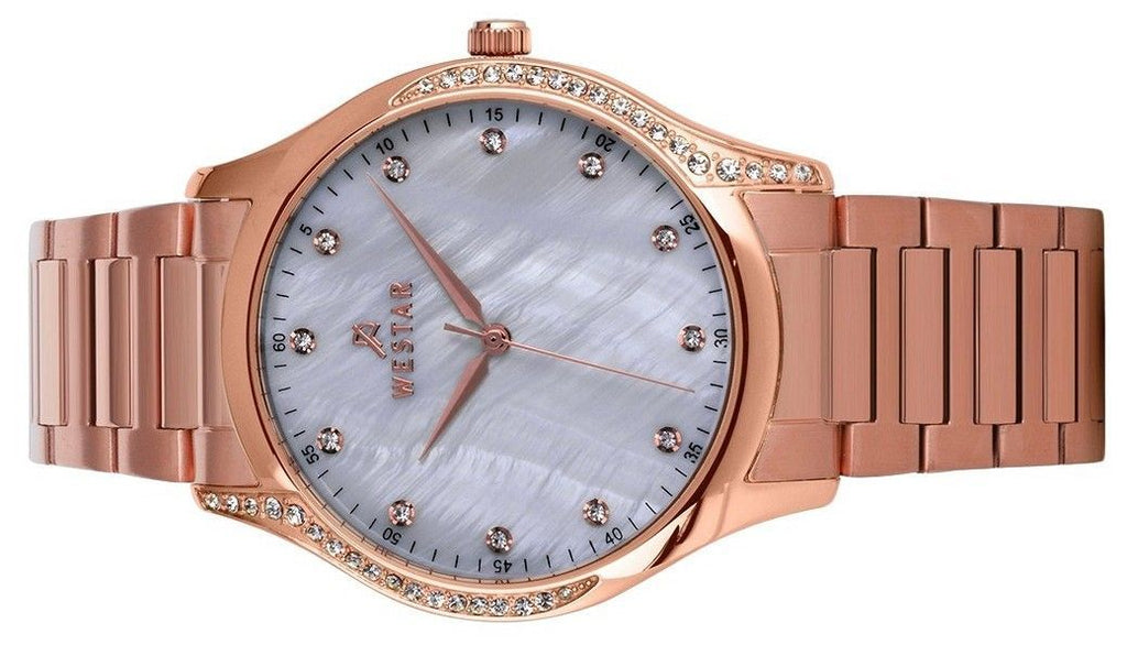 Westar Zing Crystal Accents Rose Gold Tone Stainless Steel White Mother Of Pearl Dial Quartz 00127PPN611 Women's Watch