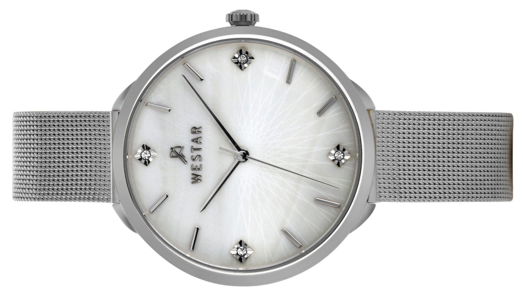 Westar Zing Crystal Accents Stainless Steel Mesh White Mother Of Pearl Dial Quartz 00128STN11 Women's Watch