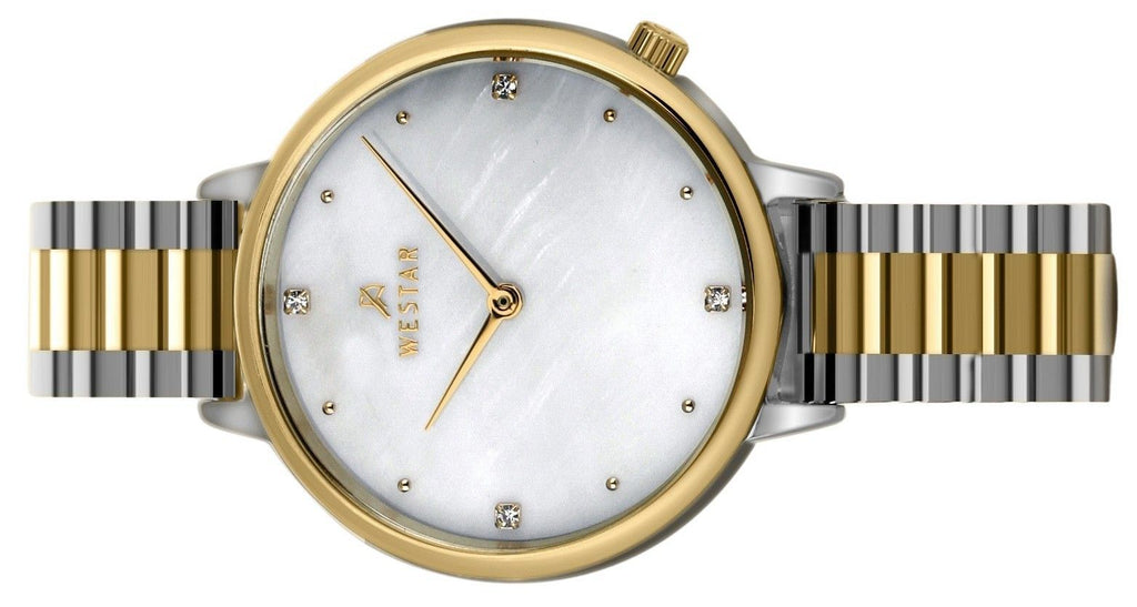 Westar Zing Crystal Accents Two Tone Stainless Steel White Mother Of Pearl Dial Quartz 00135CBN111 Women's Watch