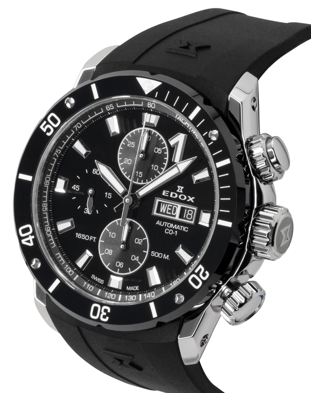 Edox CO-1 Chronograph Rubber Strap Black Dial Automatic Diver's 01128-3NRCA-NN 500M Men's Watch