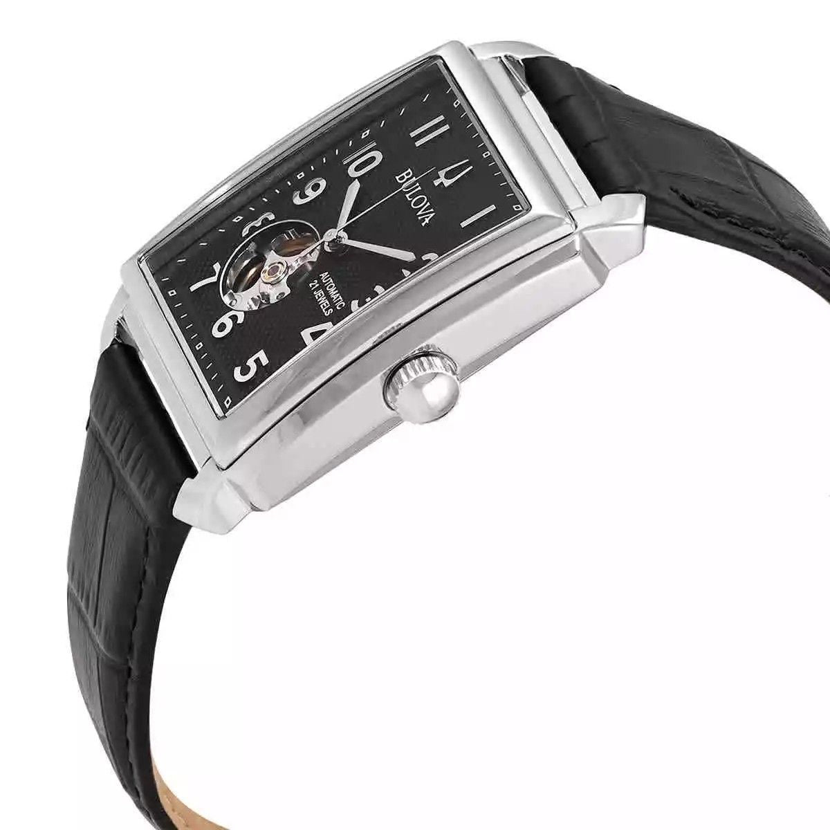 Bulova Sutton Open Heart Black Dial Leather Strap Automatic 96A269 Men's Watch