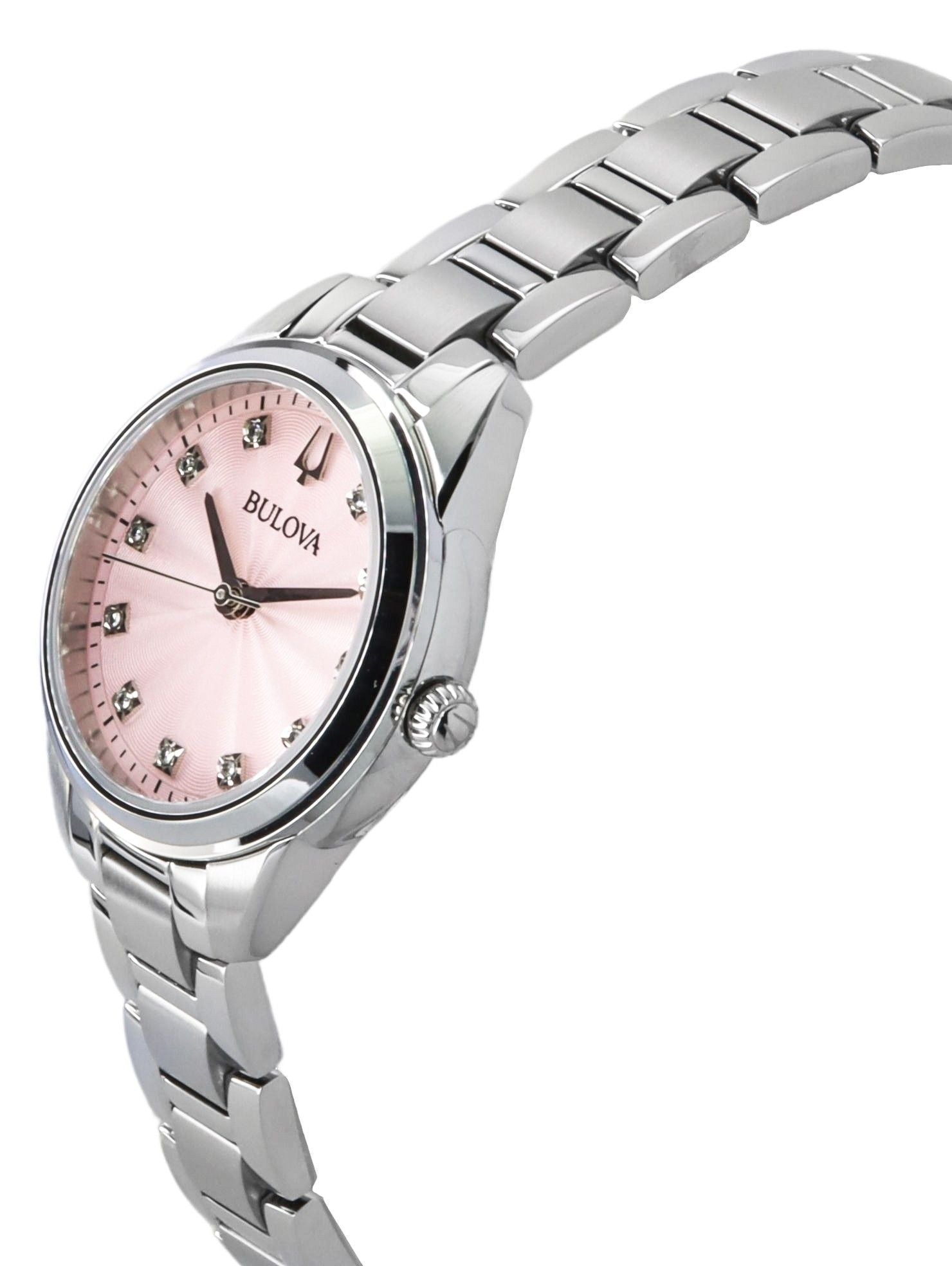 Bulova Sutton Stainless Steel Diamond Accents Pink Dial Quartz 96P249 Women's Watch