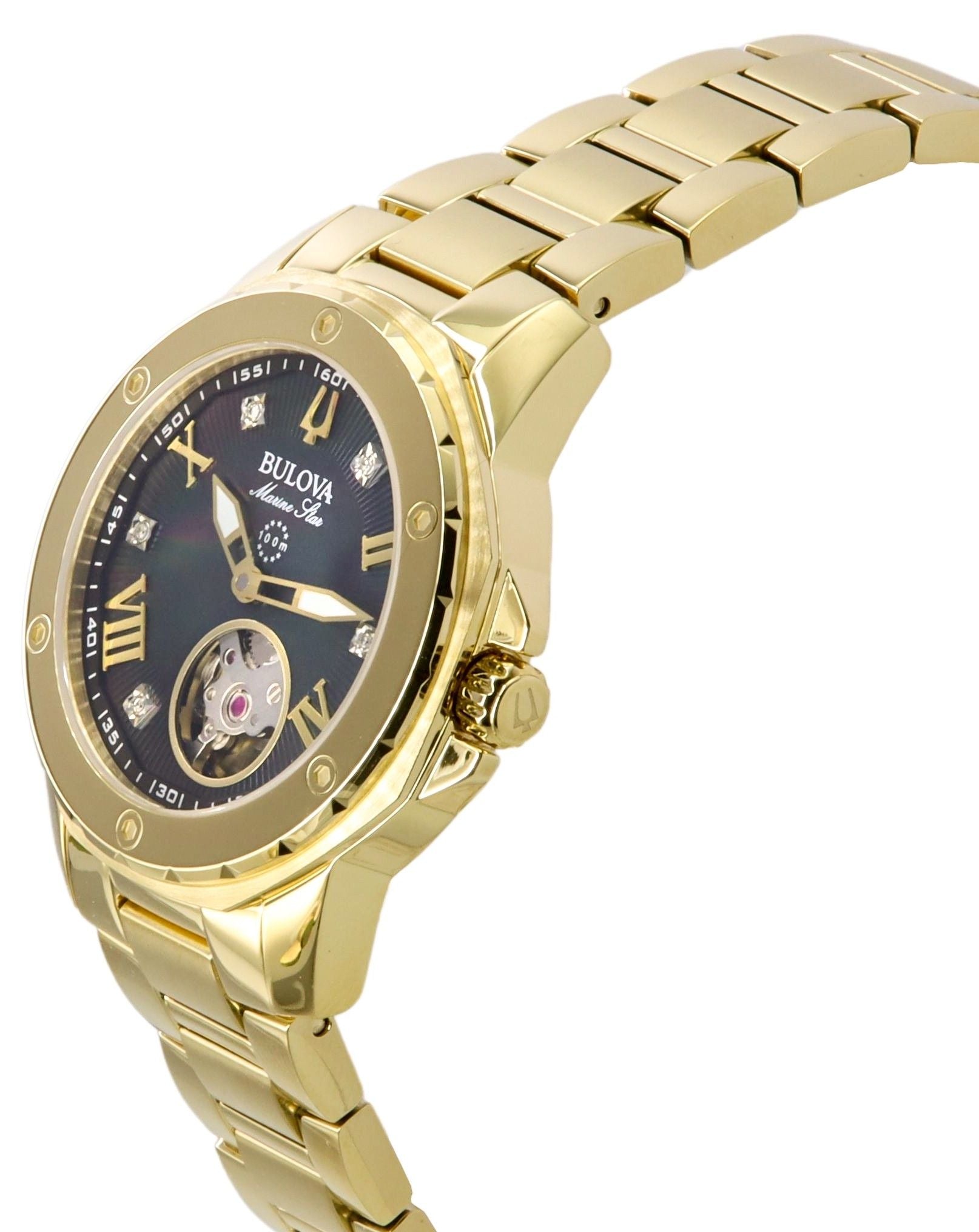 Bulova Marine Star Gold Tone Stainless Steel Black Mother Of Pearl Dial Automatic 97P171 100M Women's Watch