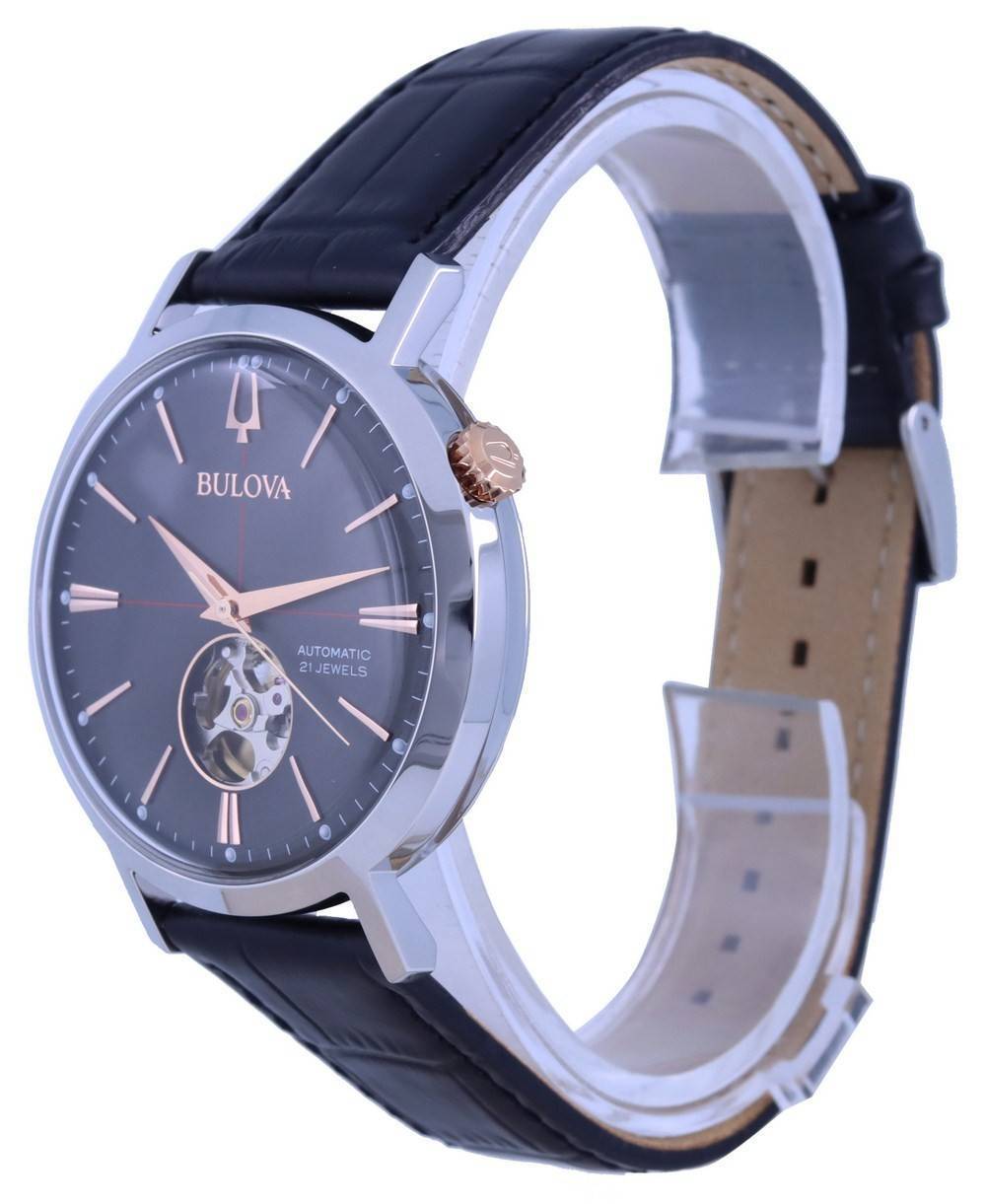 Bulova Classic Open Heart Grey Dial Leather Strap Automatic 98A187 Men's Watch