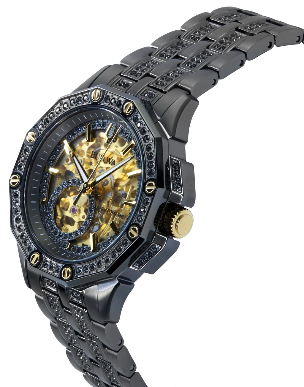 Bulova Octava Crystal Accents Stainless Steel Skeleton Gold Dial Automatic 98A293 Men's Watch