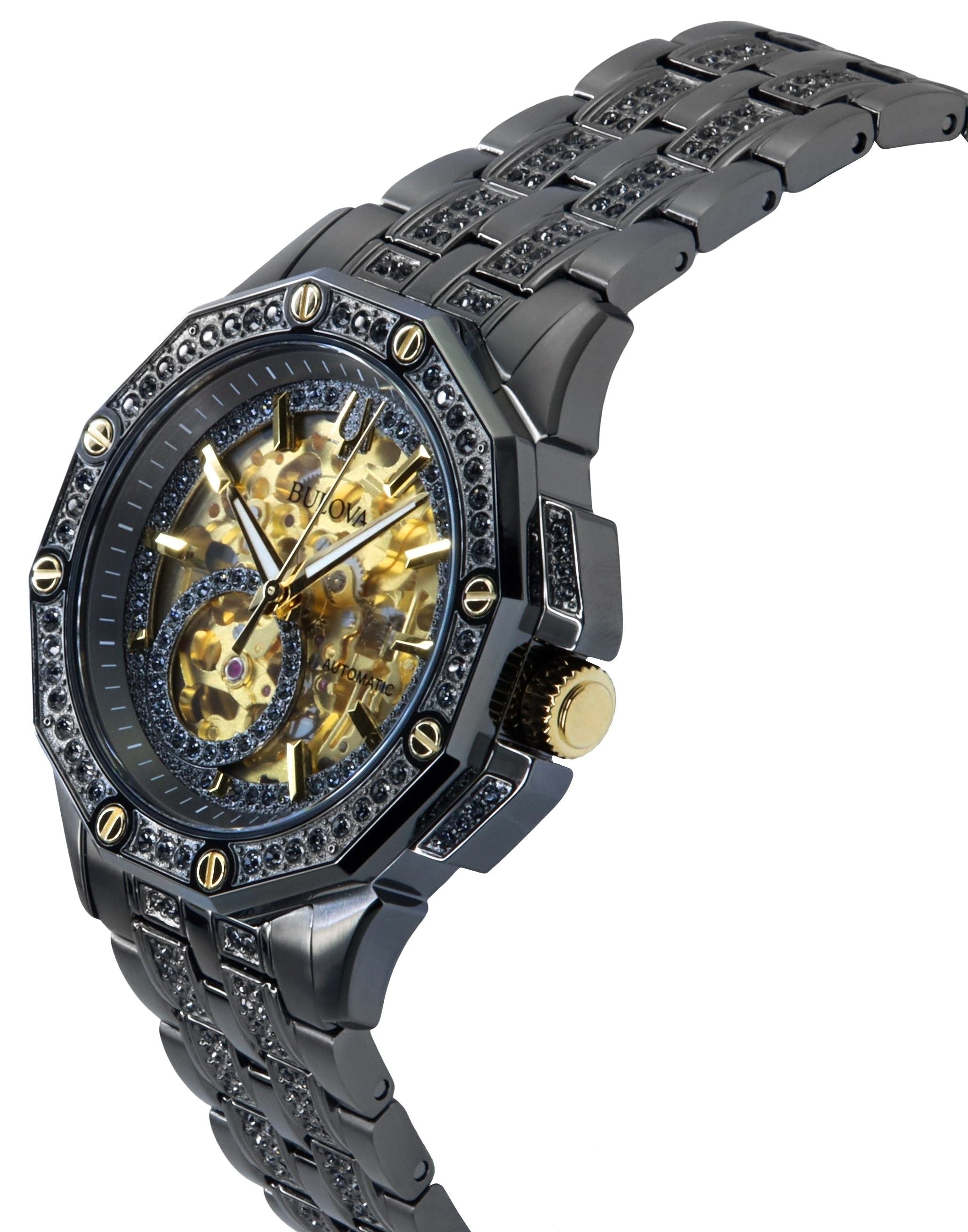 Bulova Octava Crystal Accents Stainless Steel Skeleton Gold Dial Automatic 98A293 Men's Watch