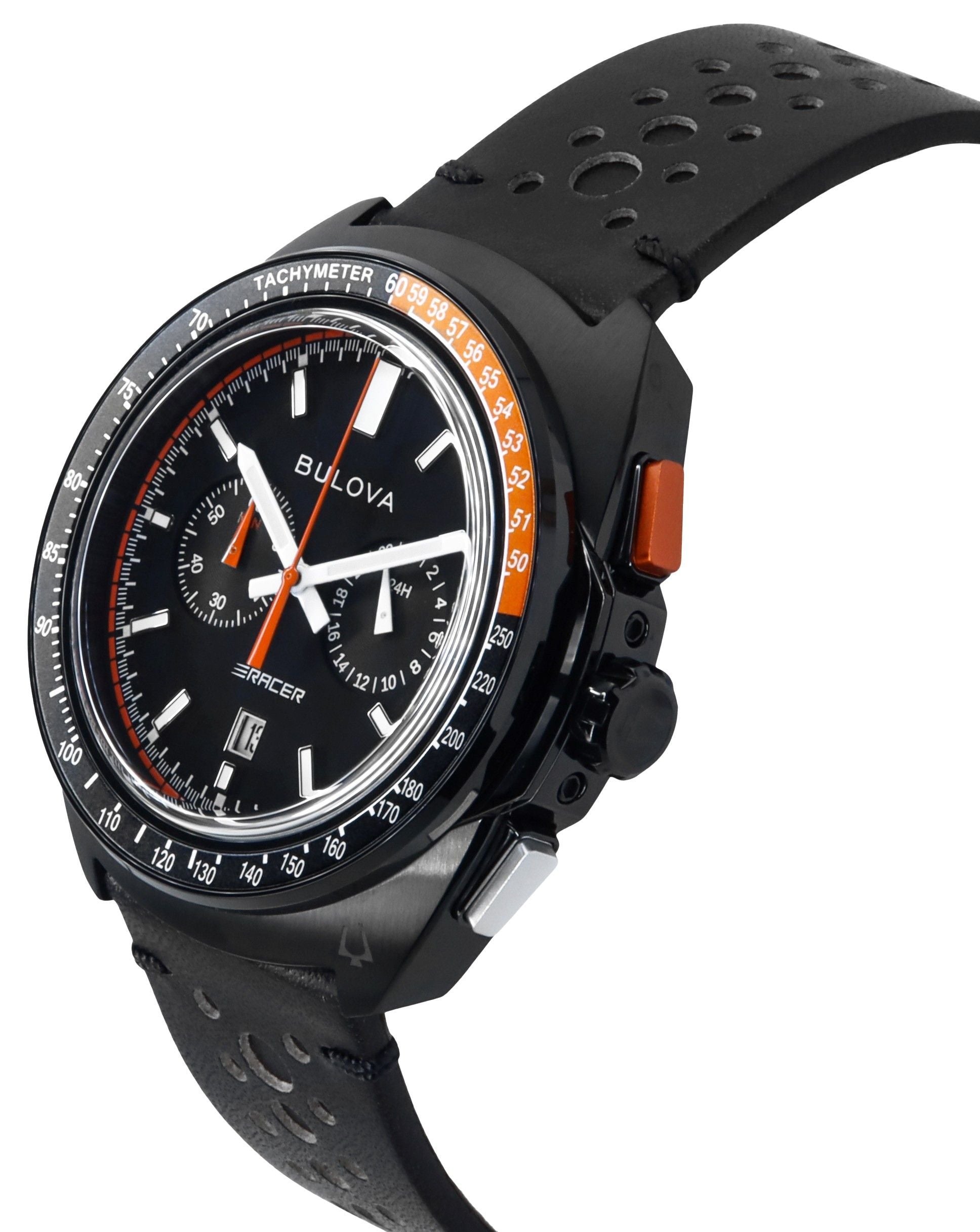 Bulova Racer Chronograph Leather Strap Black Dial Quartz 98B428 100M Men's Watch