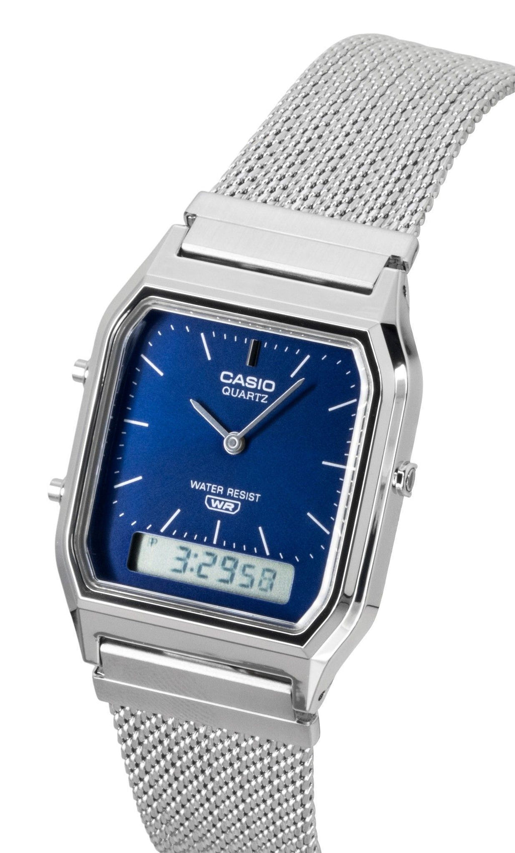 Casio Vintage Analog Digital Stainless Steel Mesh Bracelet Blue Dial Quartz AQ-230EM-2A Unisex Watch