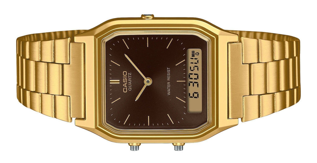 Casio Vintage Analog Digital Gold Tone Stainless Steel Brown Dial Quartz AQ-230GA-5A Unisex Watch