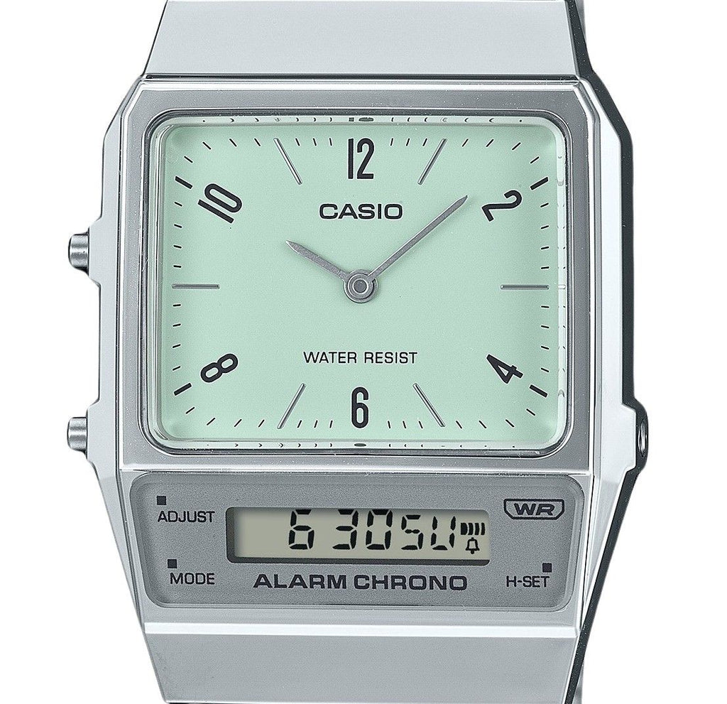 Casio Vintage Analog Digital Dual Time Stainless Steel Bracelet Green Dial Quartz AQ-800E-3A Unisex Watch