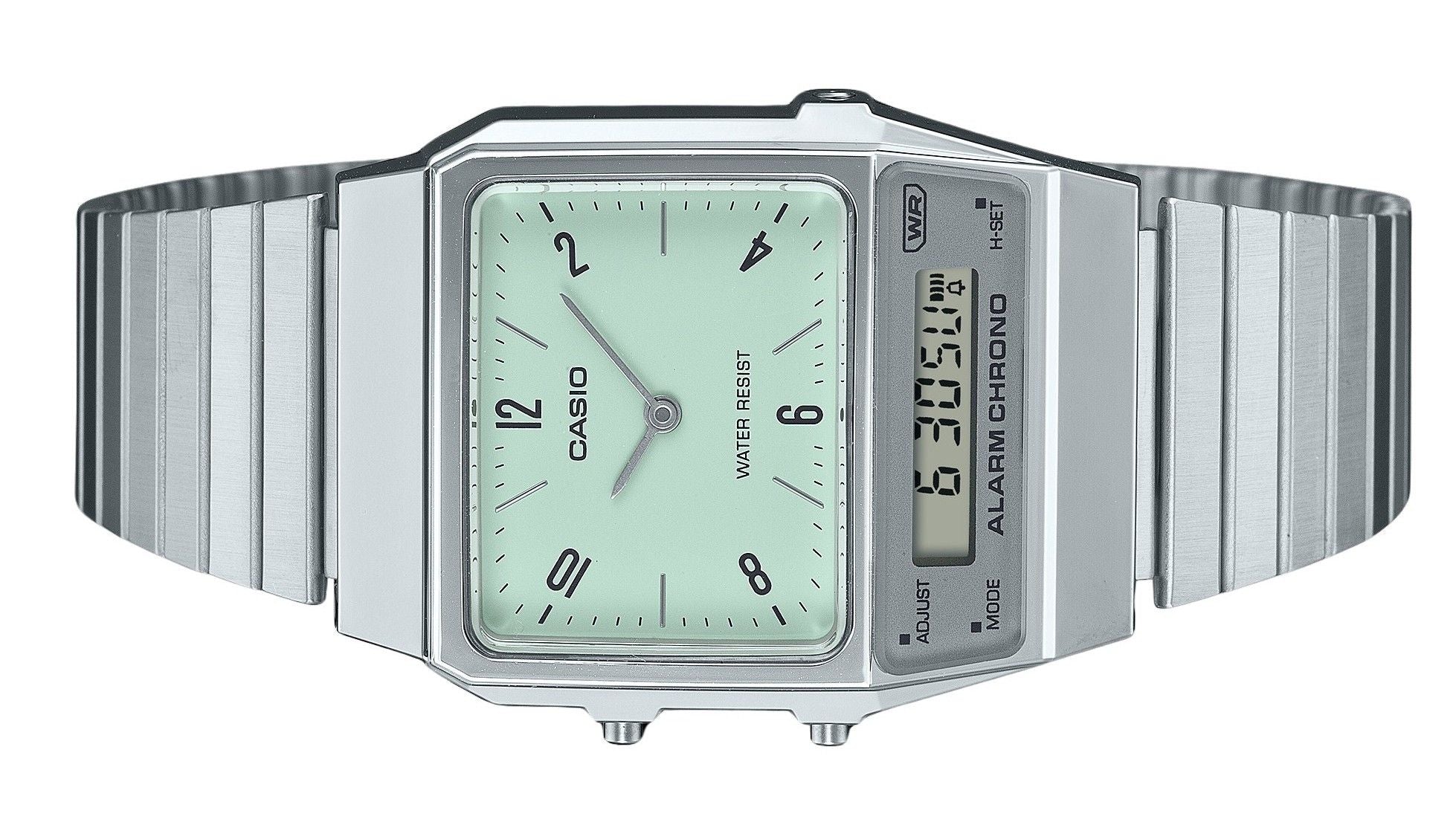 Casio Vintage Analog Digital Dual Time Stainless Steel Bracelet Green Dial Quartz AQ-800E-3A Unisex Watch