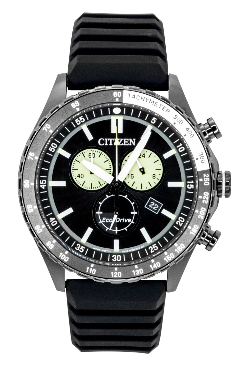 Citizen Eco-Drive Chronograph Silicone Strap Black Dial Solar AT2565-05E 100M Men's Watch