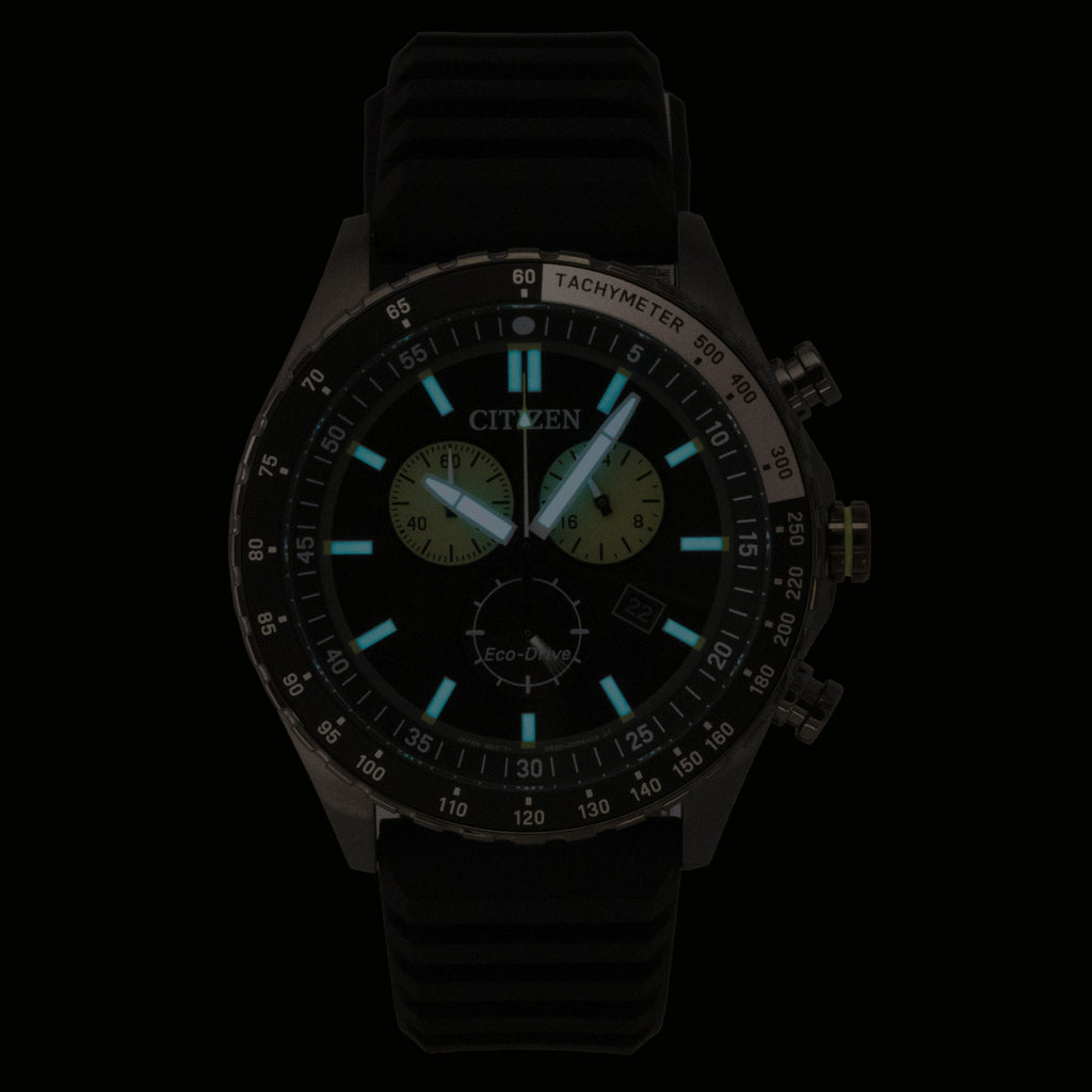 Citizen Eco-Drive Chronograph Silicone Strap Black Dial Solar AT2565-05E 100M Men's Watch