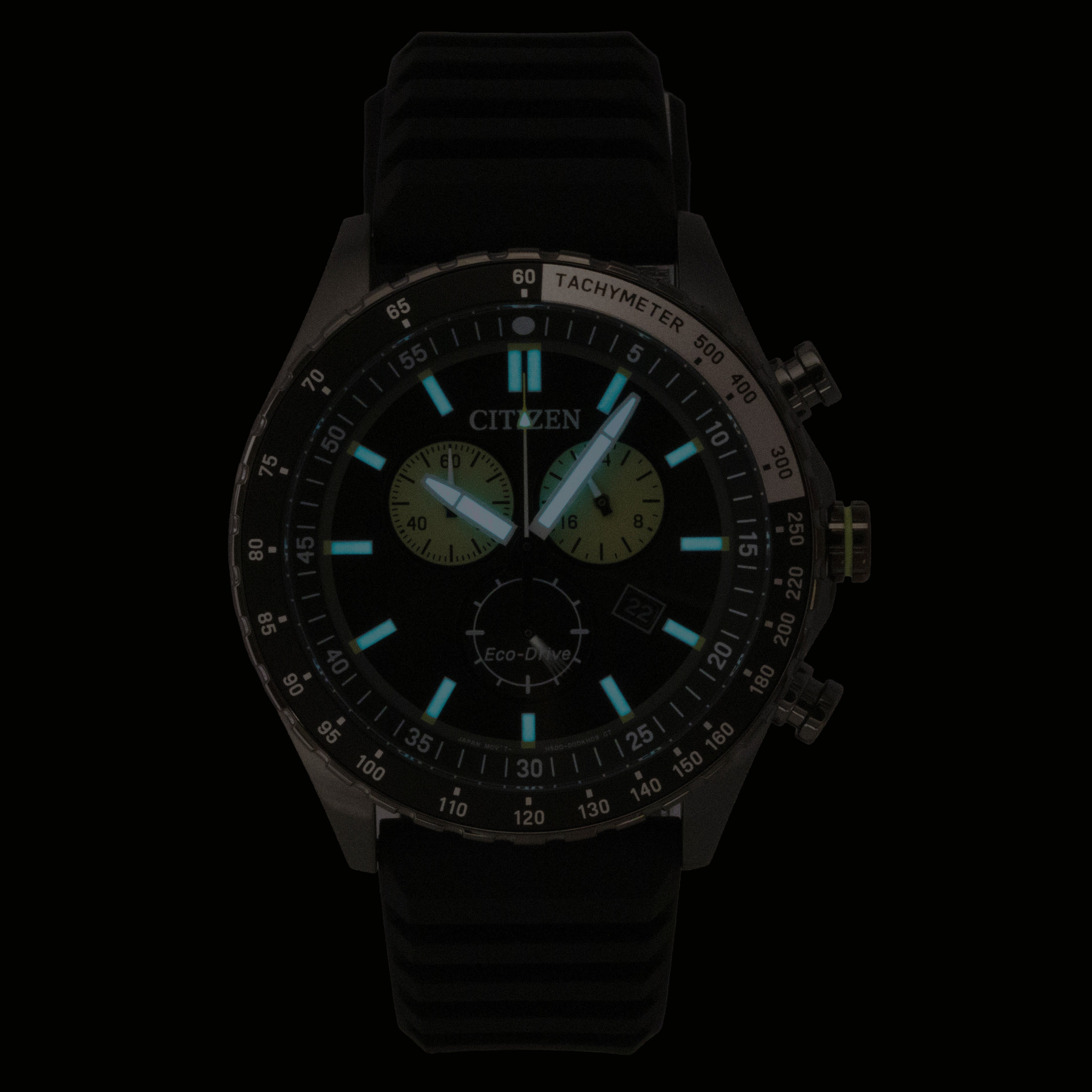 Citizen Eco-Drive Chronograph Silicone Strap Black Dial Solar AT2565-05E 100M Men's Watch