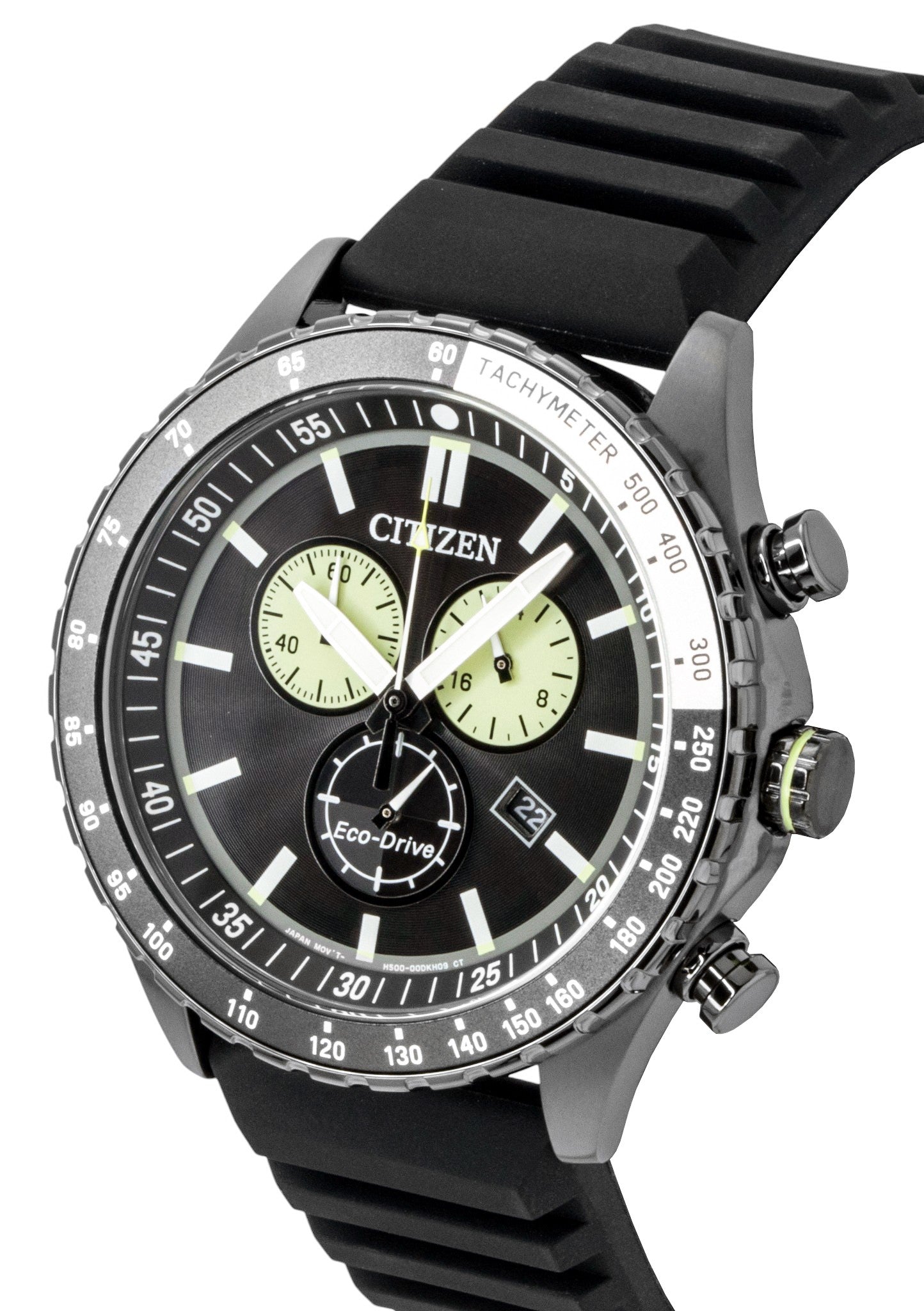 Citizen Eco-Drive Chronograph Silicone Strap Black Dial Solar AT2565-05E 100M Men's Watch