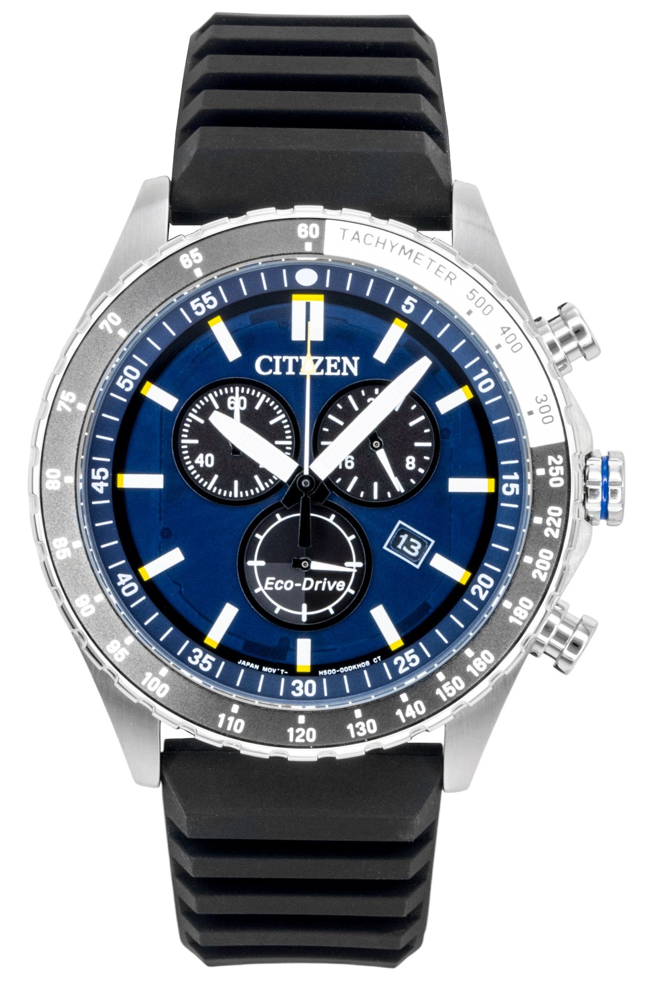 Citizen Eco-Drive Chronograph Silicone Strap Blue Dial AT2569-04L 100M Men's Watch