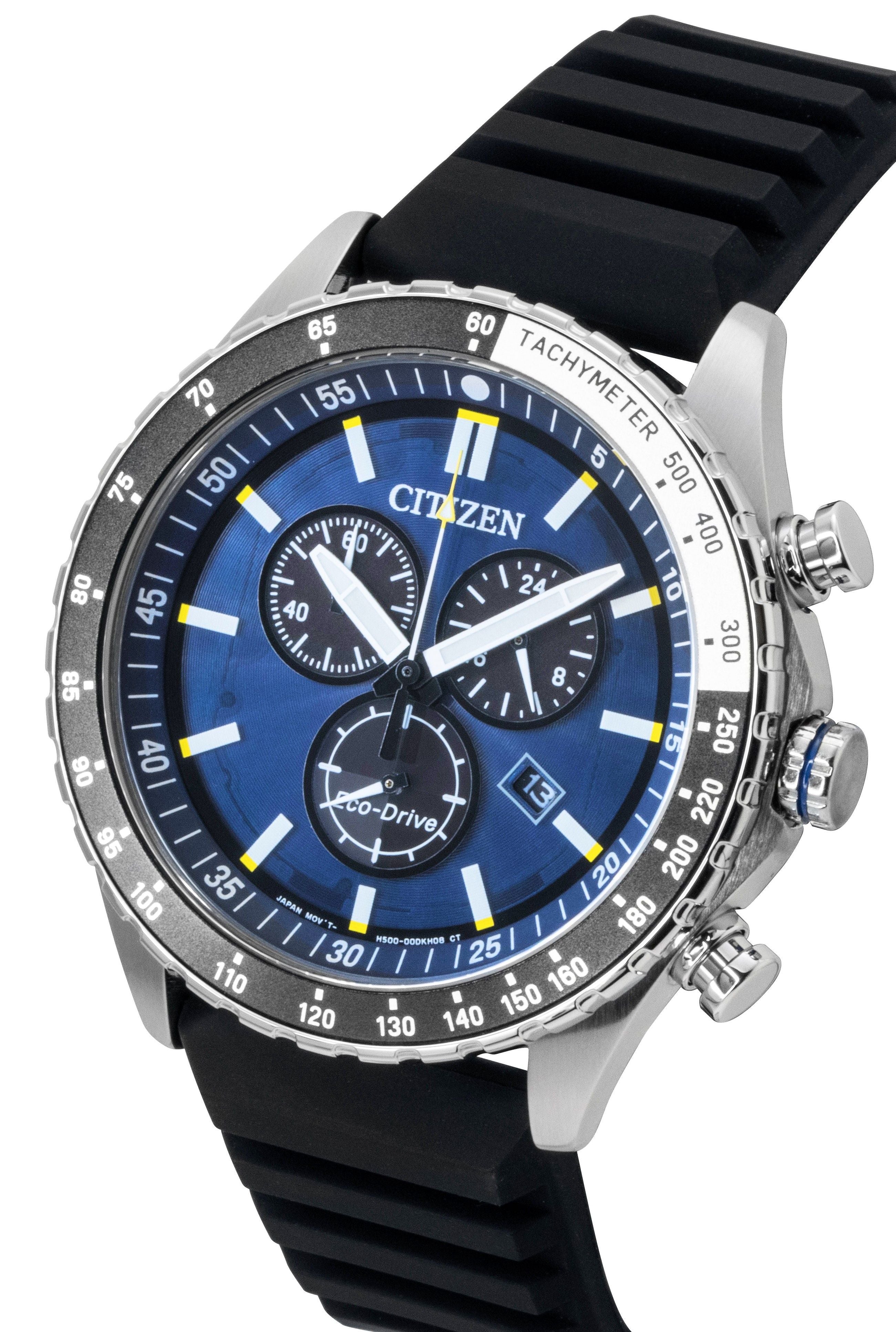 Citizen Eco-Drive Chronograph Silicone Strap Blue Dial AT2569-04L 100M Men's Watch