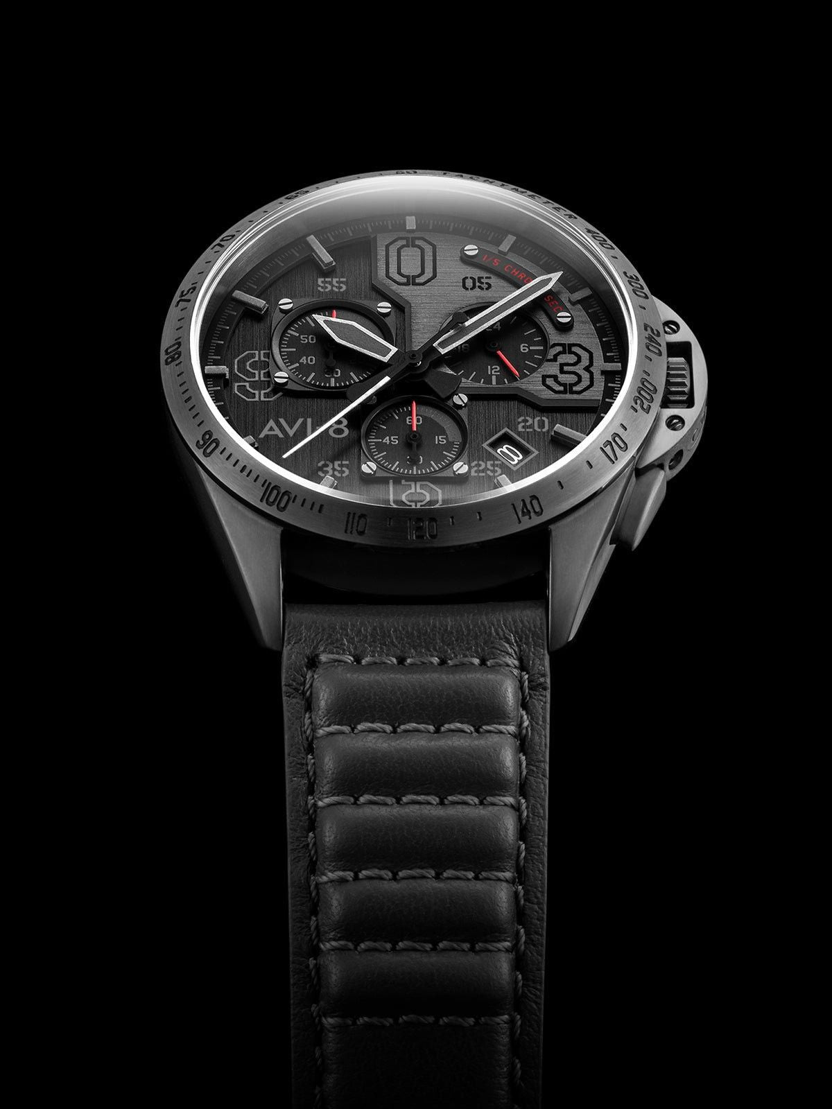 AVI-8 P-51 Mustang Blakeslee Chronograph Brevet Leather Strap Black Dial Quartz AV-4077-03 Men's Watch