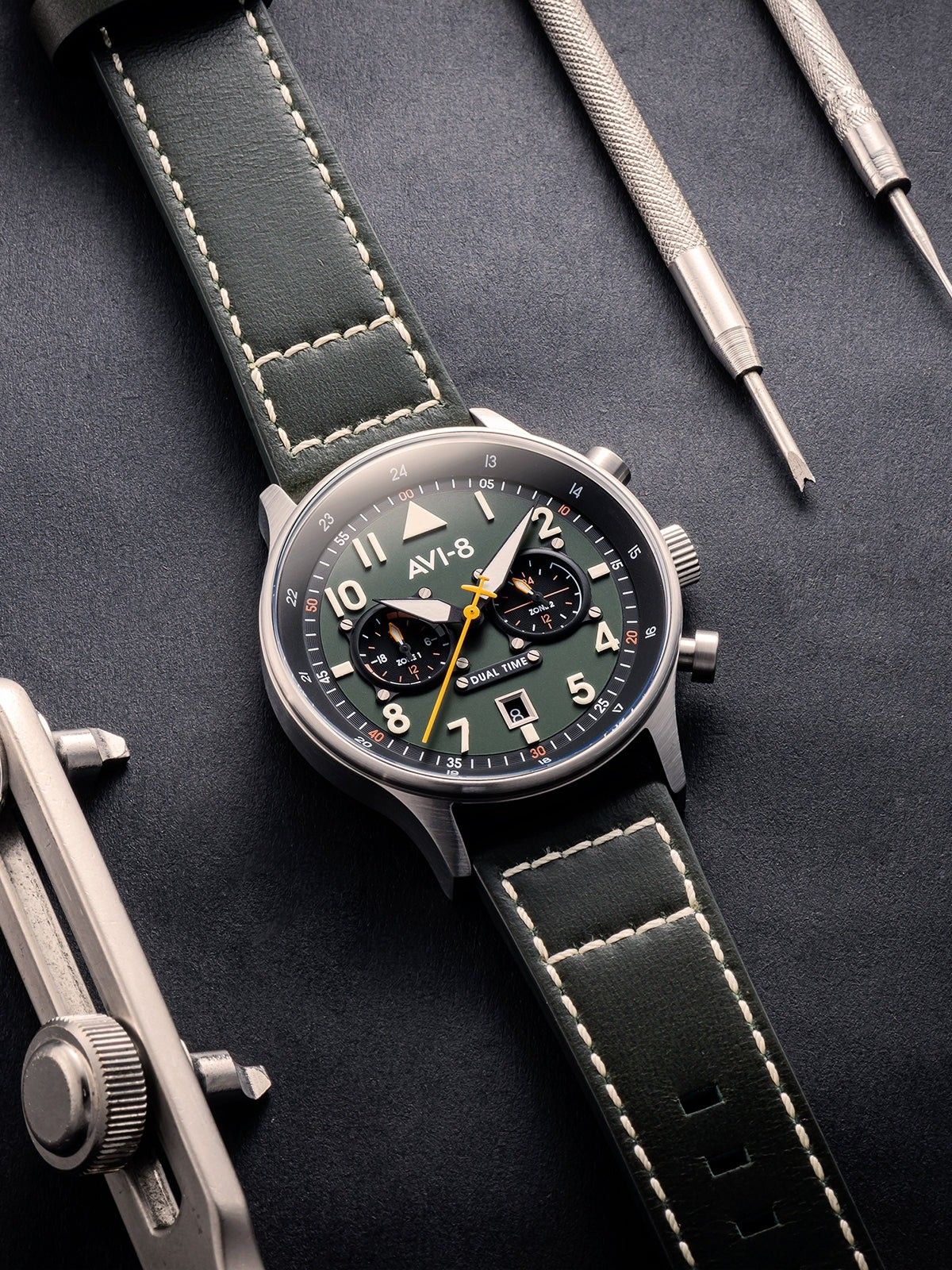 AVI-8 Hawker Hurricane Carey Dual Time Merville Green Dial Quartz AV-4088-02 Men's Watch