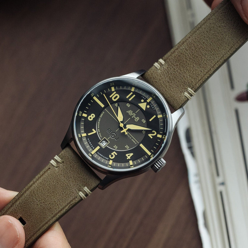 AVI-8 Hawker Hurricane Kent Automatic Stanton Leather Strap Grey Dial AV-4094-04 Men's Watch