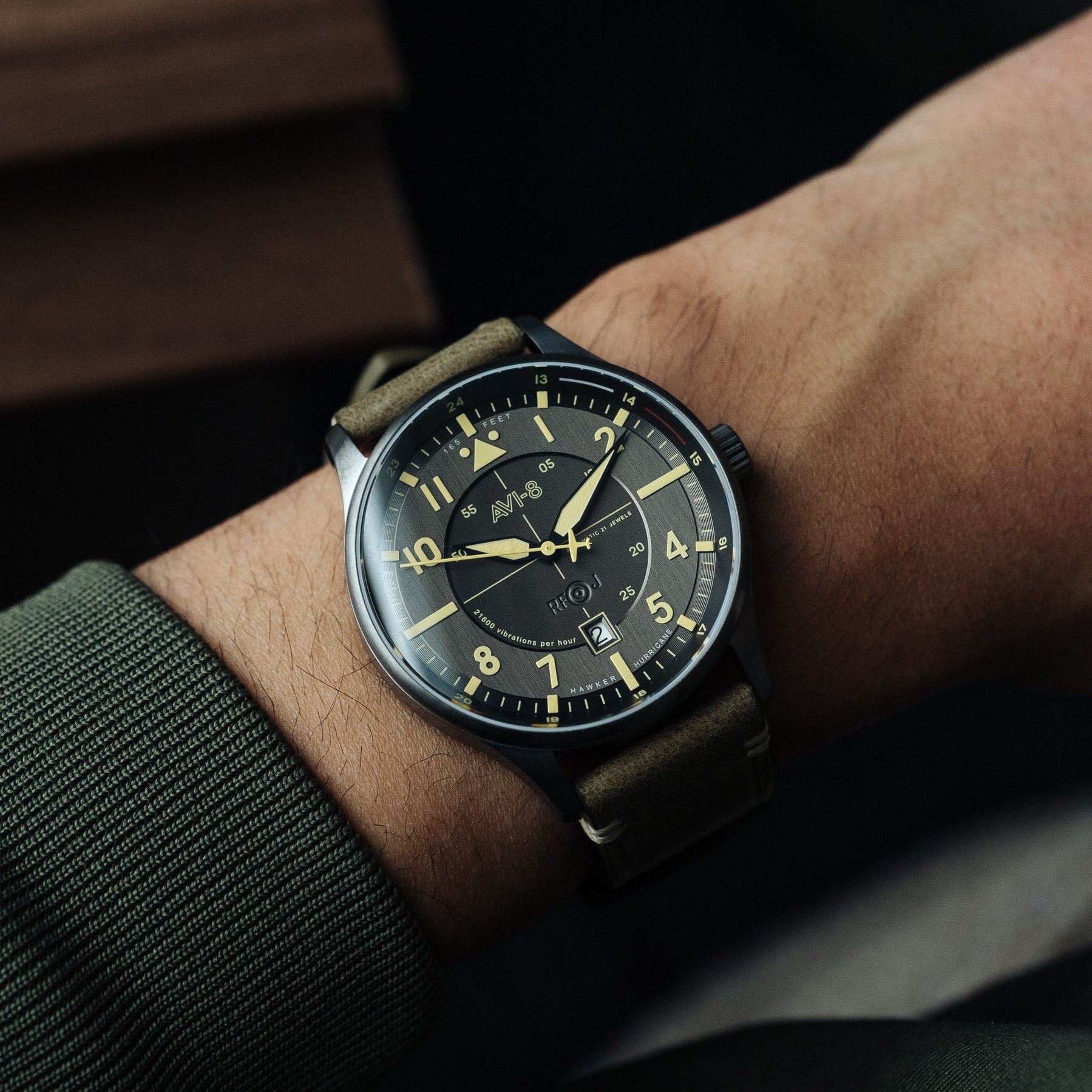 AVI-8 Hawker Hurricane Kent Automatic Stanton Leather Strap Grey Dial AV-4094-04 Men's Watch