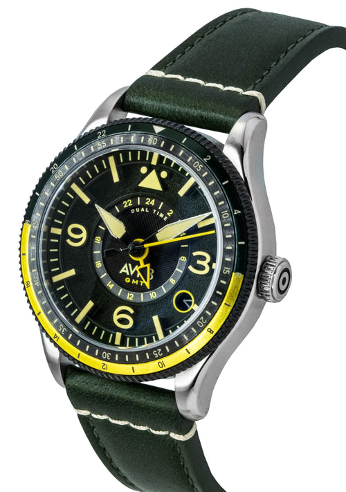 AVI-8 Flyboy Airmaster GMT Fuselage Green Leather Strap Green Dial Automatic AV-4128-03 Men's Watch