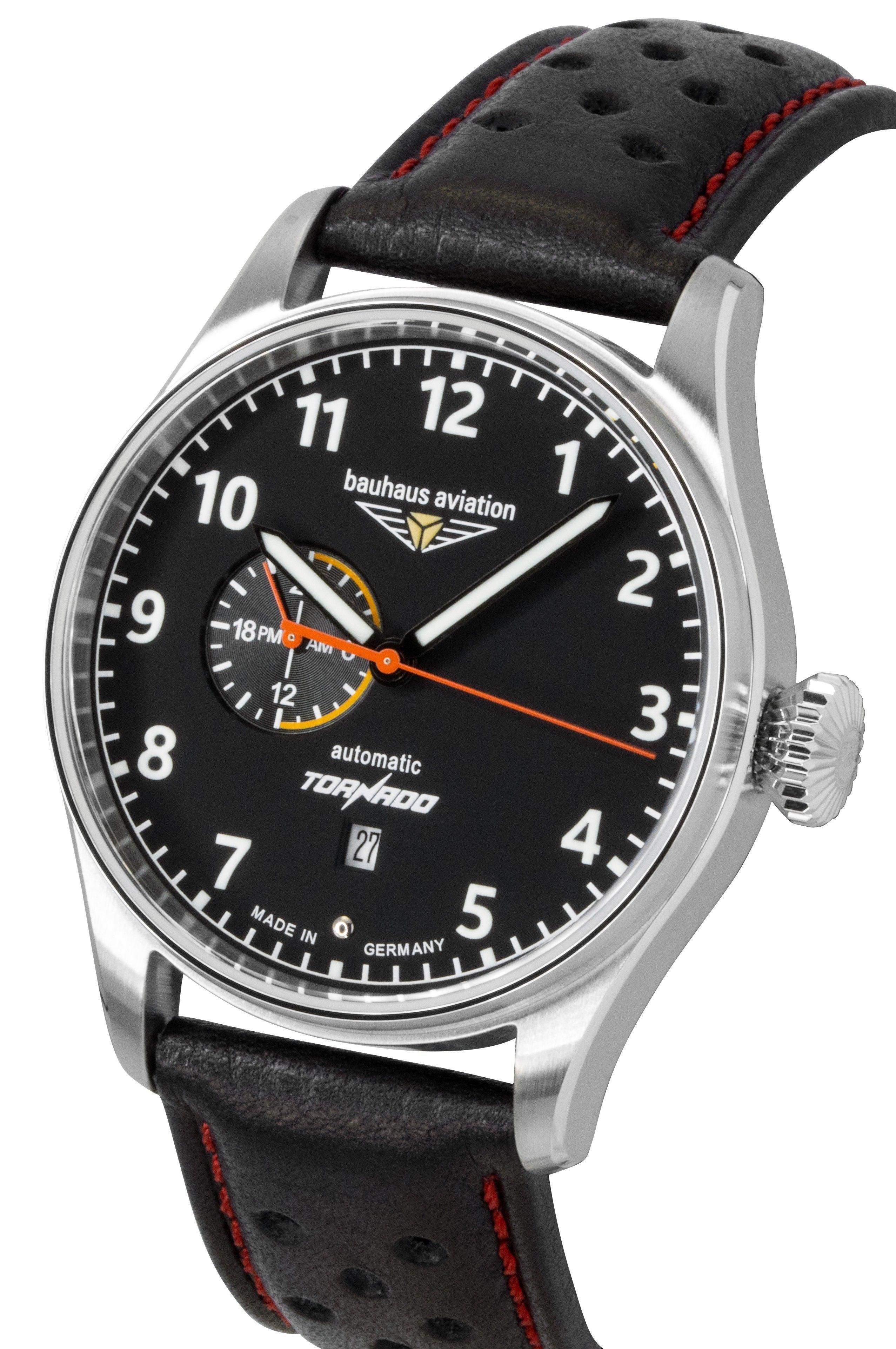 Bauhaus Aviation Tornado Leather Strap Black Dial Automatic 27642 Men's Watch