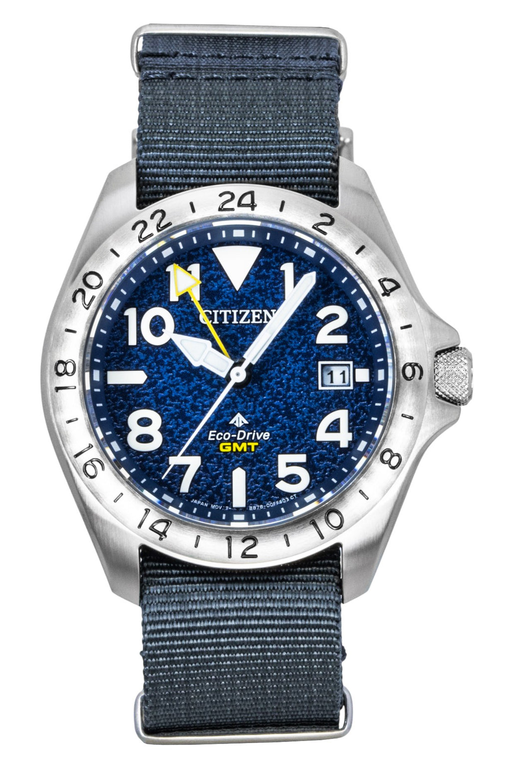 Citizen Promaster Land GMT Analog Grey Nylon Strap Navy Blue Dial Eco-Drive Diver's BJ7150-09L 200M Men's Watch