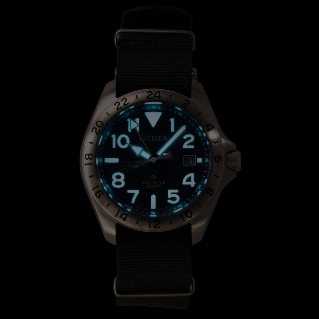 Citizen Promaster Land GMT Analog Grey Nylon Strap Navy Blue Dial Eco-Drive Diver's BJ7150-09L 200M Men's Watch