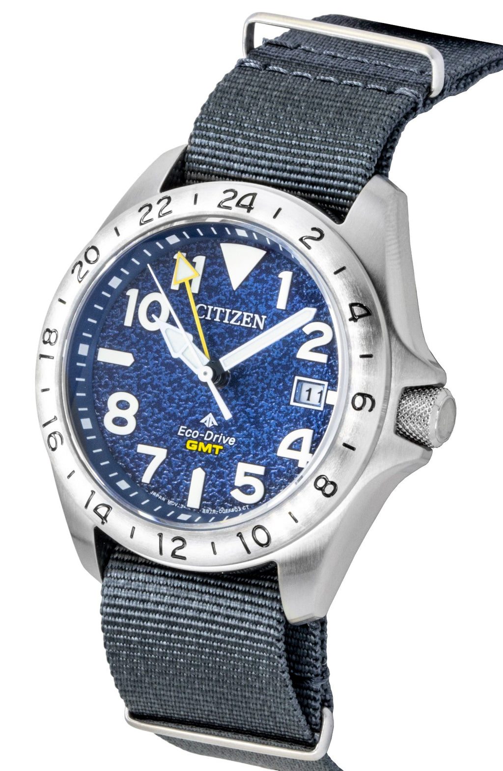 Citizen Promaster Land GMT Analog Grey Nylon Strap Navy Blue Dial Eco-Drive Diver's BJ7150-09L 200M Men's Watch