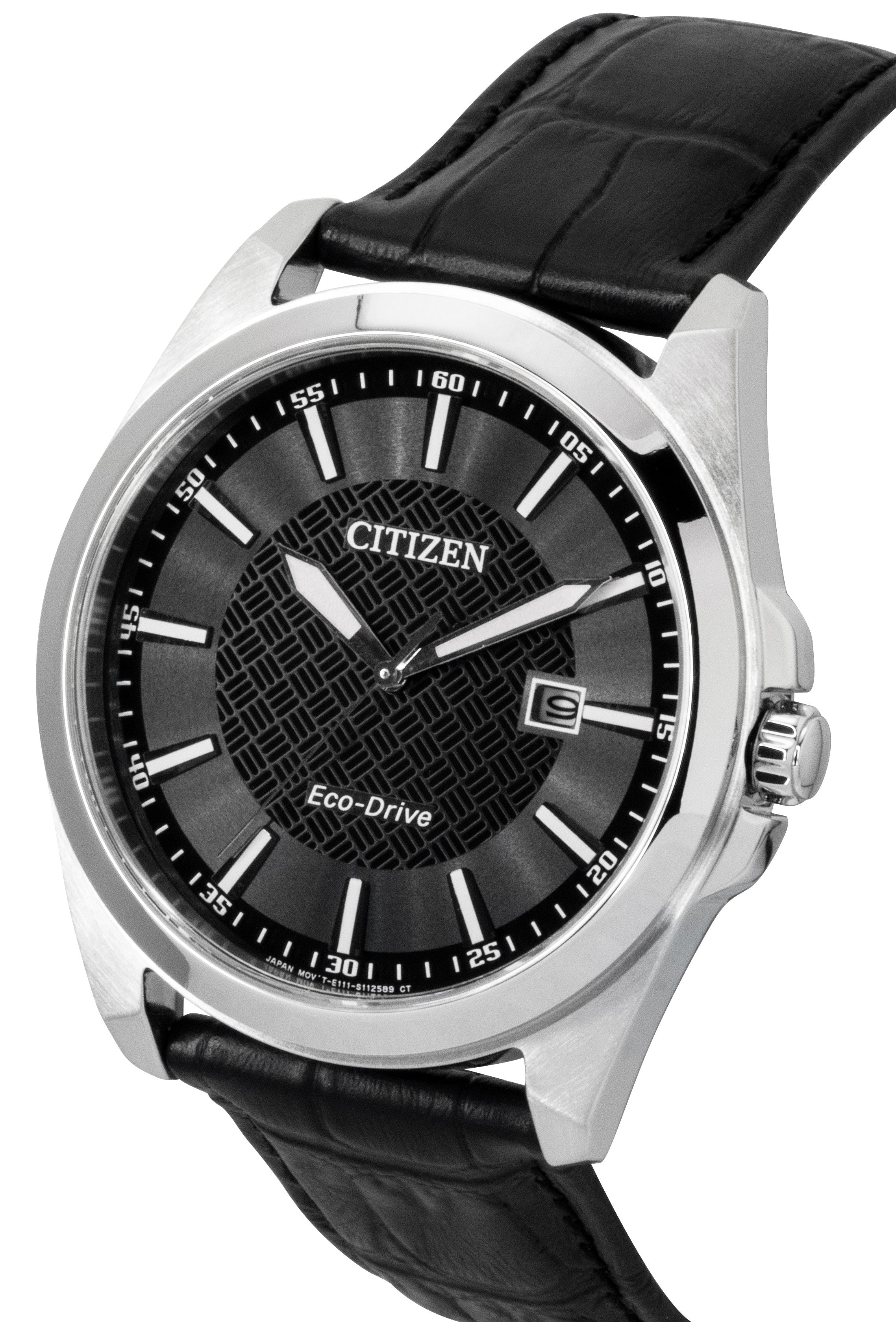 Citizen Eco-Drive Black Leather Strap Black Dial Solar BM7108-14E 100M Men's Watch