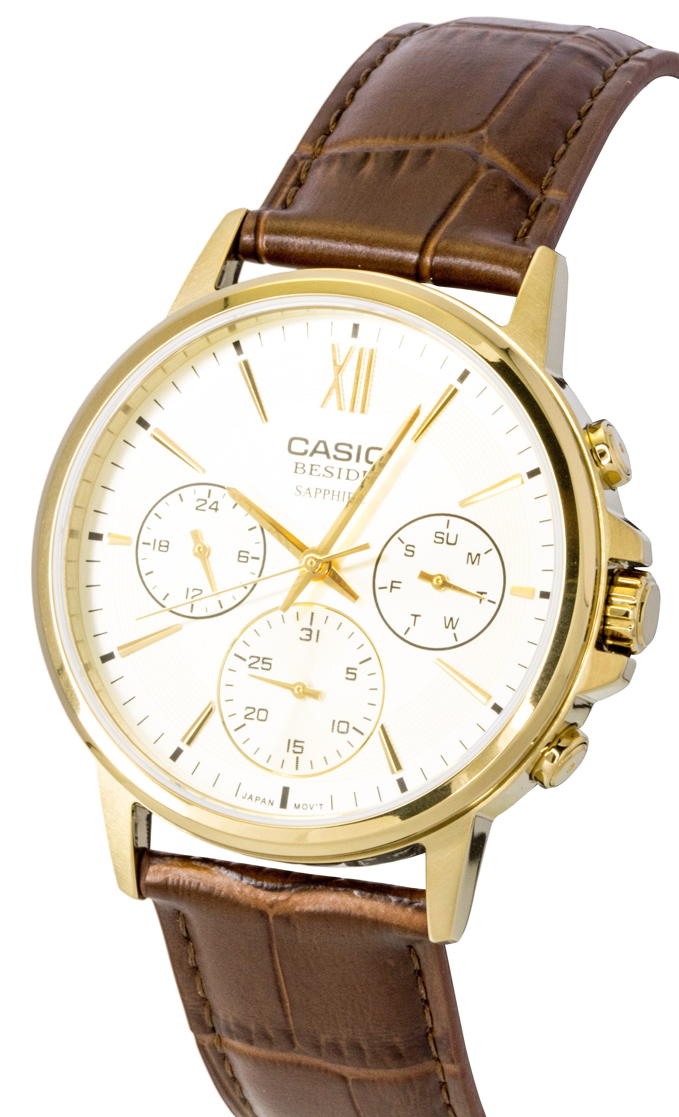 Casio Beside Analog Leather Strap Gold Dial Quartz BMS-300GL-5AV Men's Watch