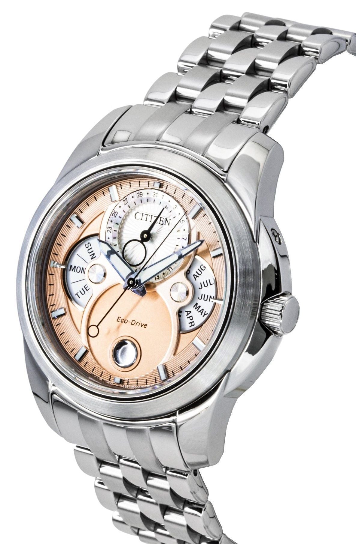Citizen Calendrier Moon Phase Stainless Steel Salmon Dial Eco-Drive BU0080-52X 100M Men's Watch