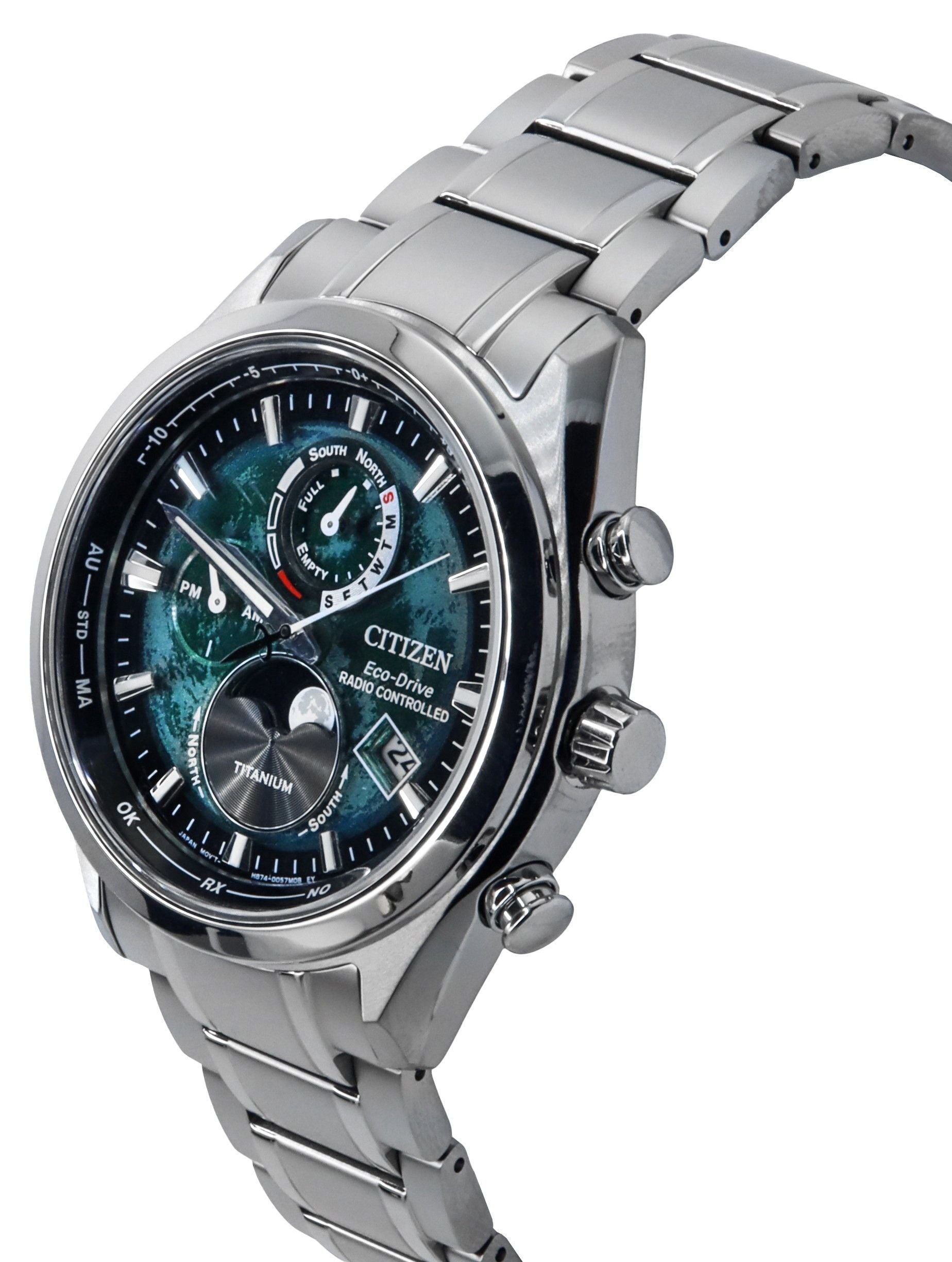 Citizen Radio Controlled Moon Phase Super Titanium Green Dial Eco-Drive BY1010-81X 100M Men's Watch