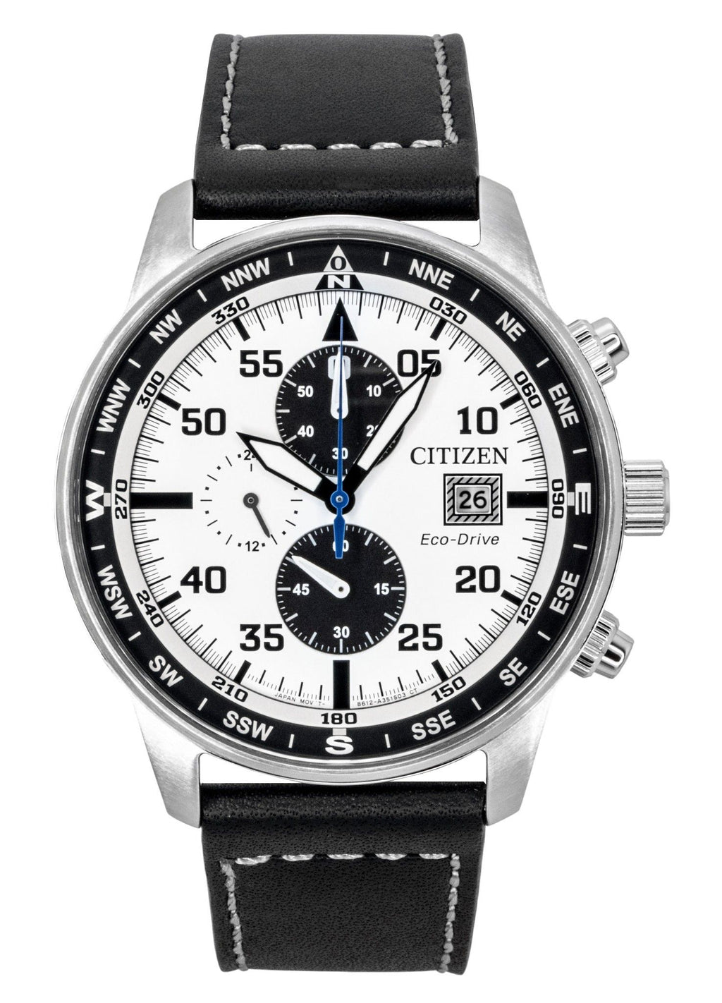 Citizen Eco-Drive Aviator Chronograph Leather Strap White Dial CA0880-07A 100M Men's Watch