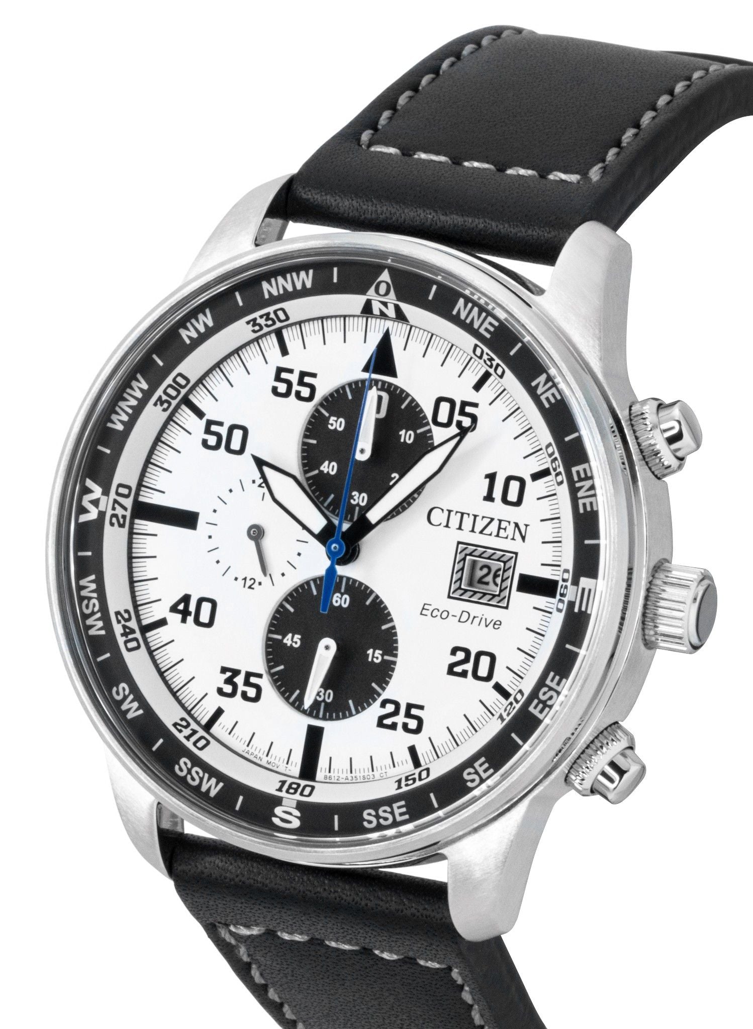 Citizen Eco-Drive Aviator Chronograph Leather Strap White Dial CA0880-07A 100M Men's Watch