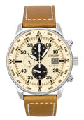 Citizen Eco-Drive Aviator Chronograph Leather Strap Beige Dial CA0880-15X 100M Men's Watch