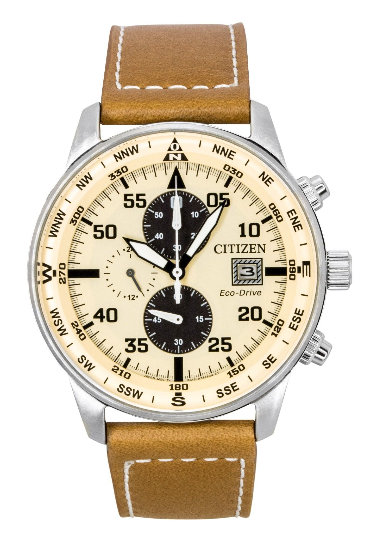 Citizen Eco-Drive Aviator Chronograph Leather Strap Beige Dial CA0880-15X 100M Men's Watch