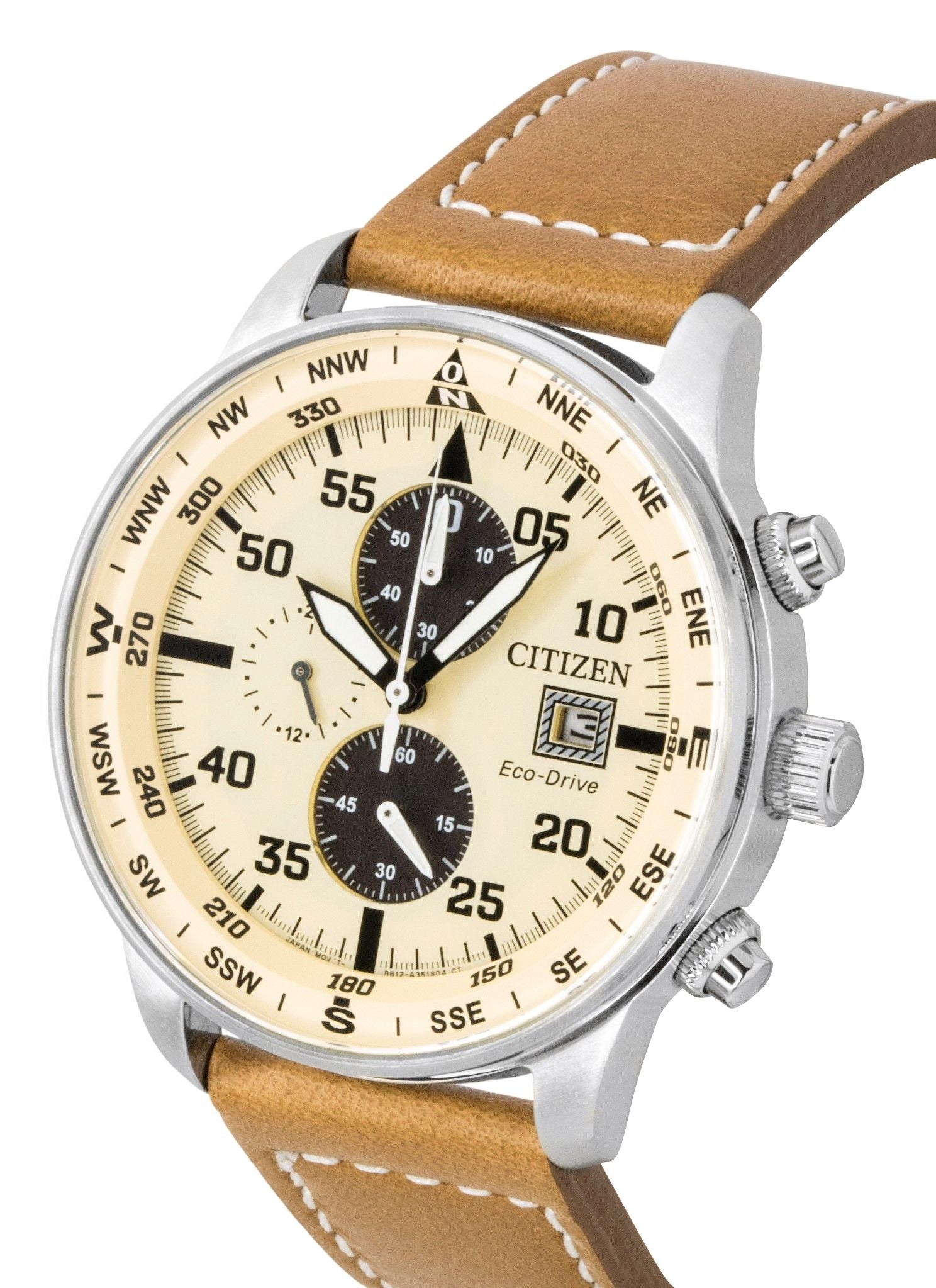 Citizen Eco-Drive Aviator Chronograph Leather Strap Beige Dial CA0880-15X 100M Men's Watch