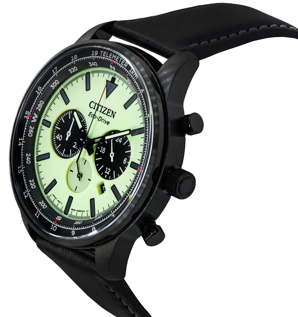 Citizen Eco-Drive Chronograph Leather Strap Full Luminous Green Dial CA4505-21X 100M Men's Watch