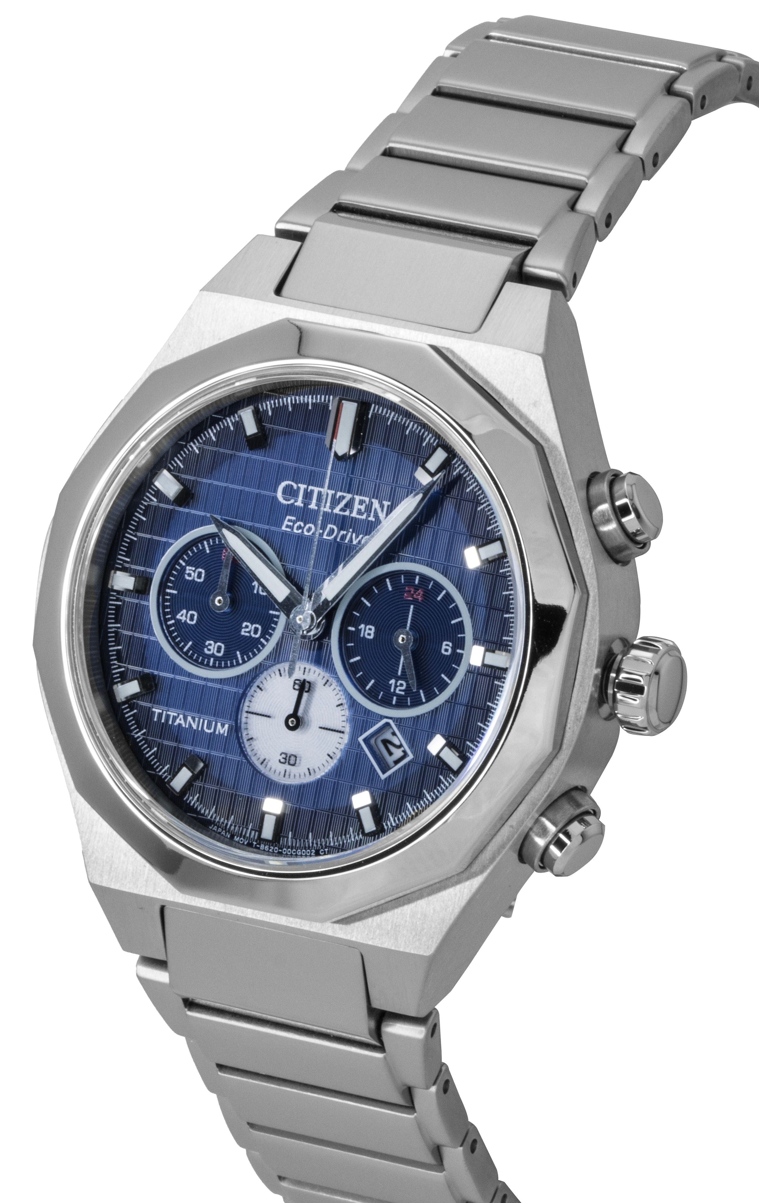 Citizen Zenshin Senkei Chronograph Super Titanium Blue Dial Eco-Drive CA4691-59L 100M Men's Watch