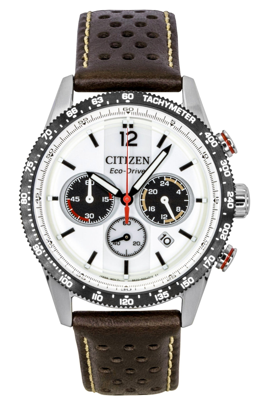 Citizen Eco-Drive Chronograph Analog Brown Leather Strap White Dial Solar CA4714-04A 100M Men's Watch