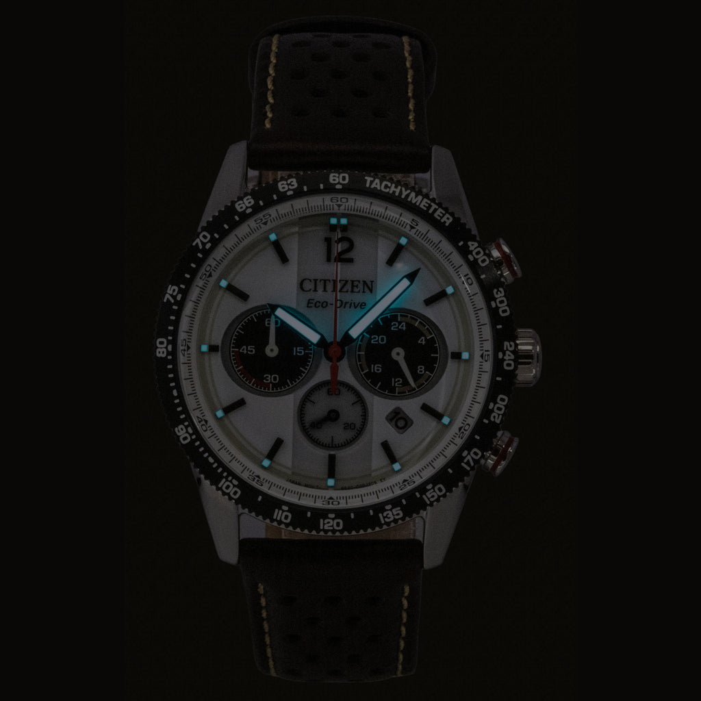 Citizen Eco-Drive Chronograph Analog Brown Leather Strap White Dial Solar CA4714-04A 100M Men's Watch