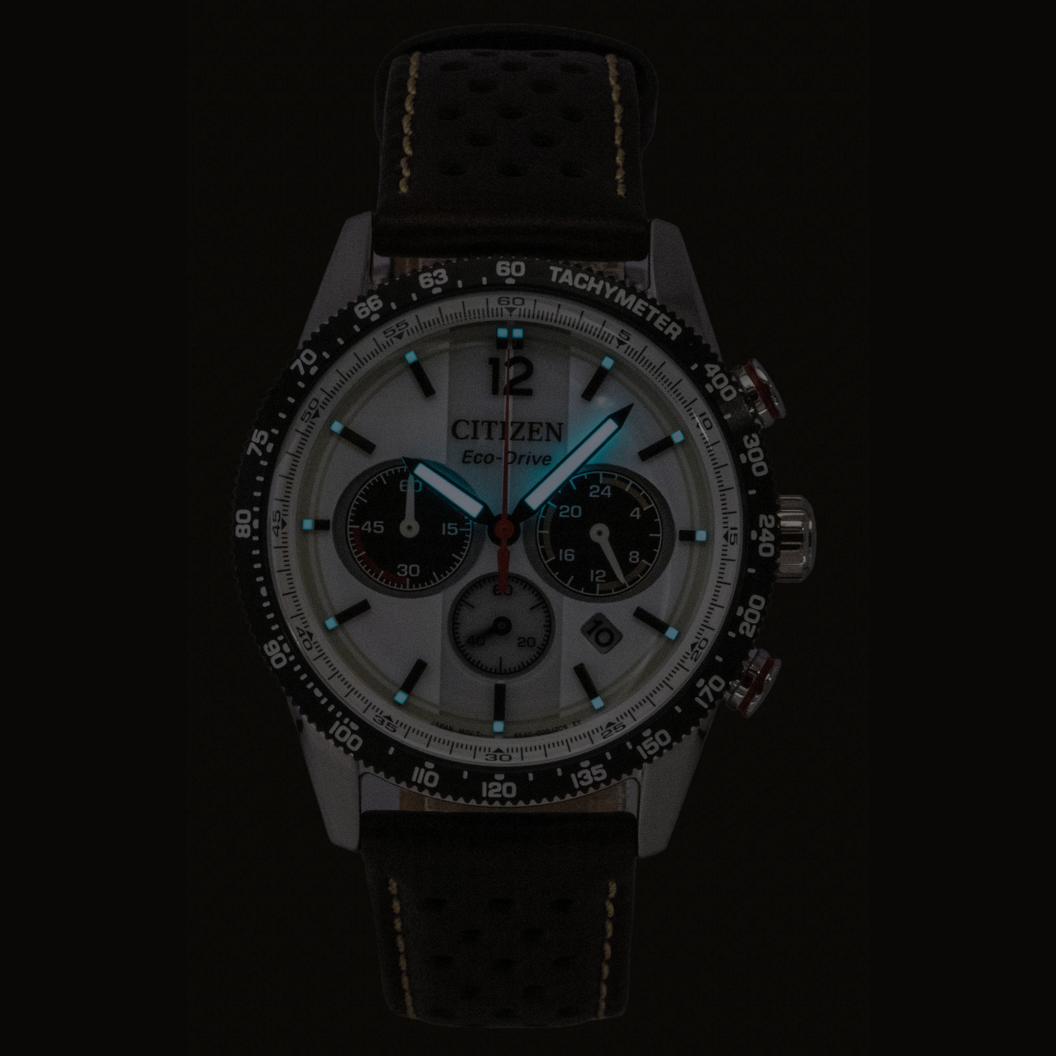 Citizen Eco-Drive Chronograph Analog Brown Leather Strap White Dial Solar CA4714-04A 100M Men's Watch