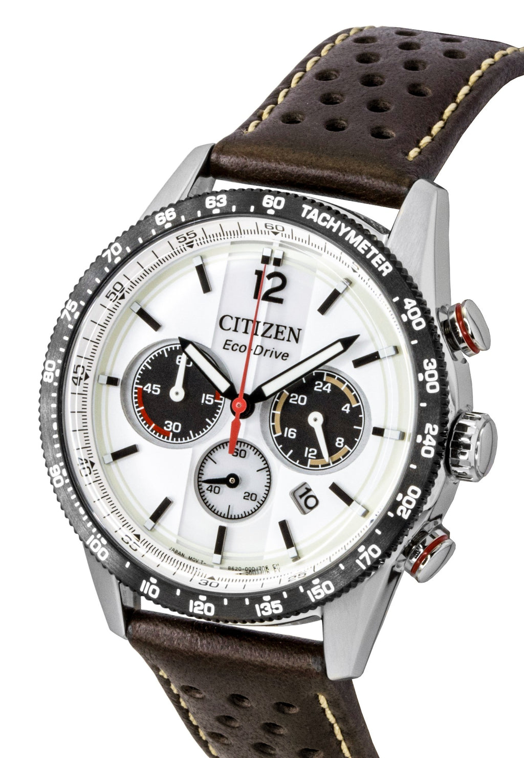 Citizen Eco-Drive Chronograph Analog Brown Leather Strap White Dial Solar CA4714-04A 100M Men's Watch