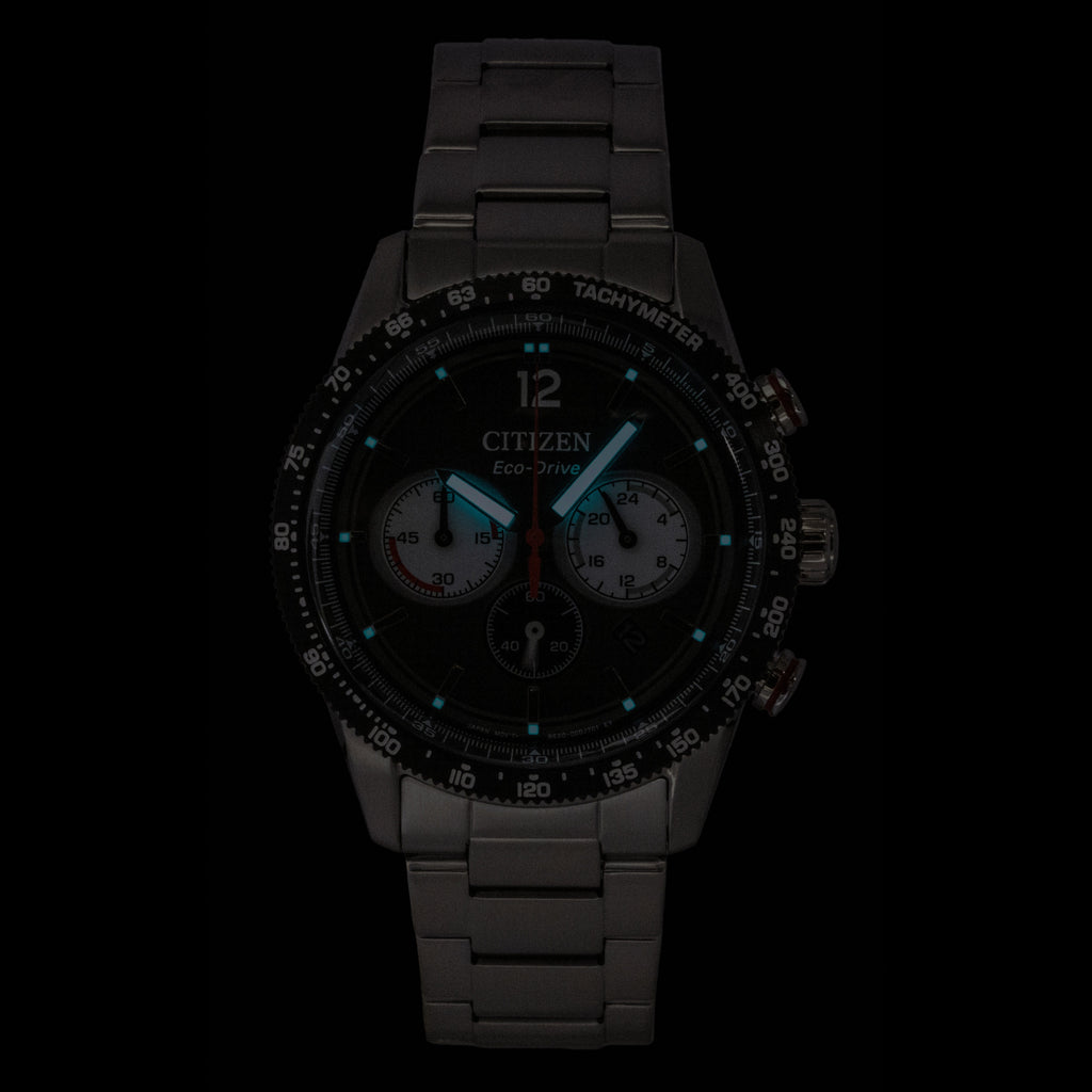 Citizen Eco-Drive Chronograph Analog Stainless Steel Black Dial Solar CA4714-55E 100M Men's Watch