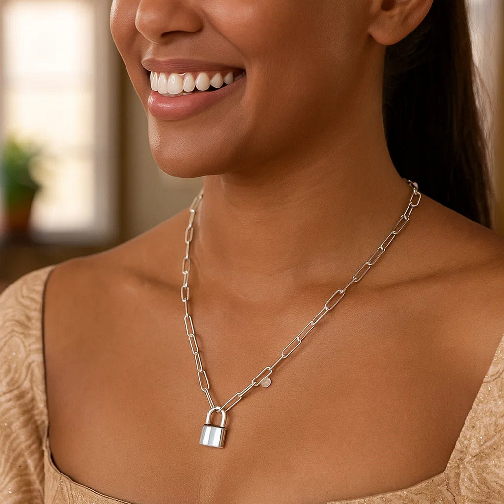 Sterling Silver Rhodium Plated Lock Paperclip Link Necklace