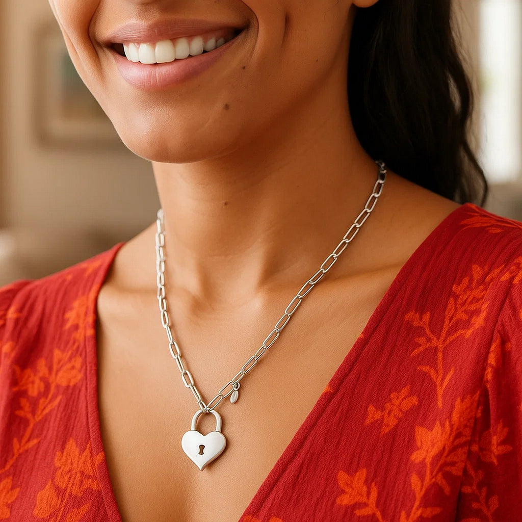 Sterling Silver Rhodium Plated Padlock Heart Necklace