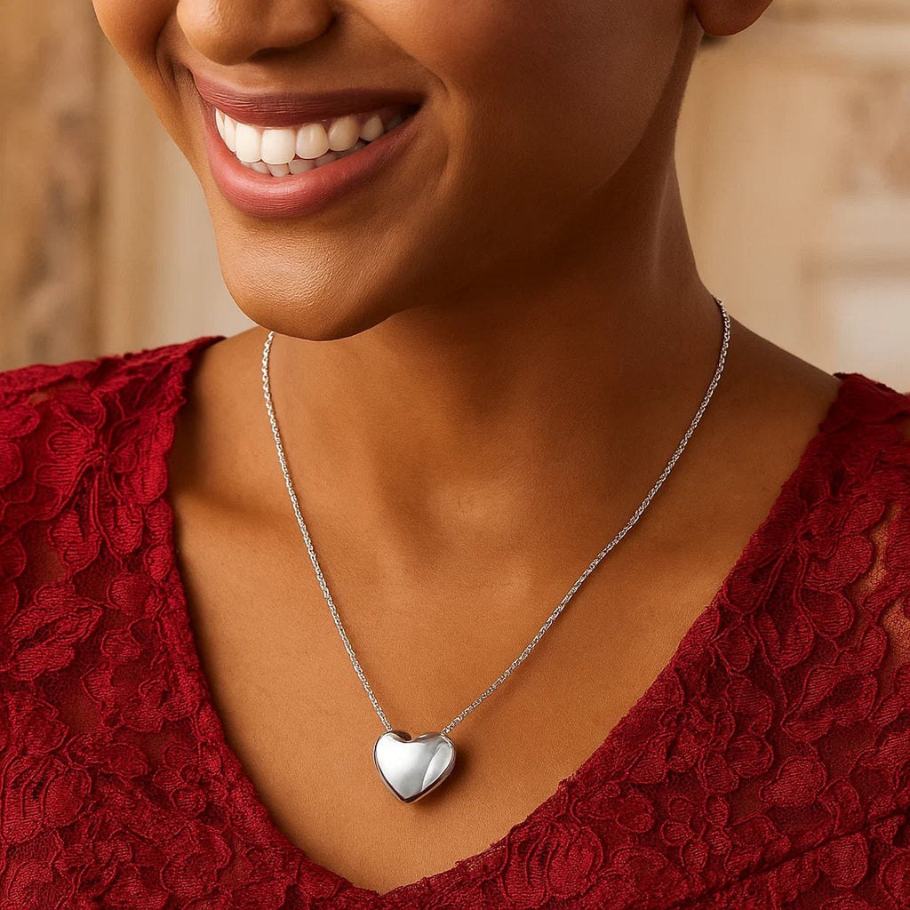 Sterling Silver Rhodium Plated Puffy Heart Necklace