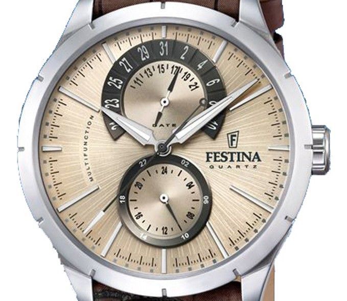 Festina Retro Leather Strap Multifunction Beige Dial Quartz F16573-9 Men's Watch